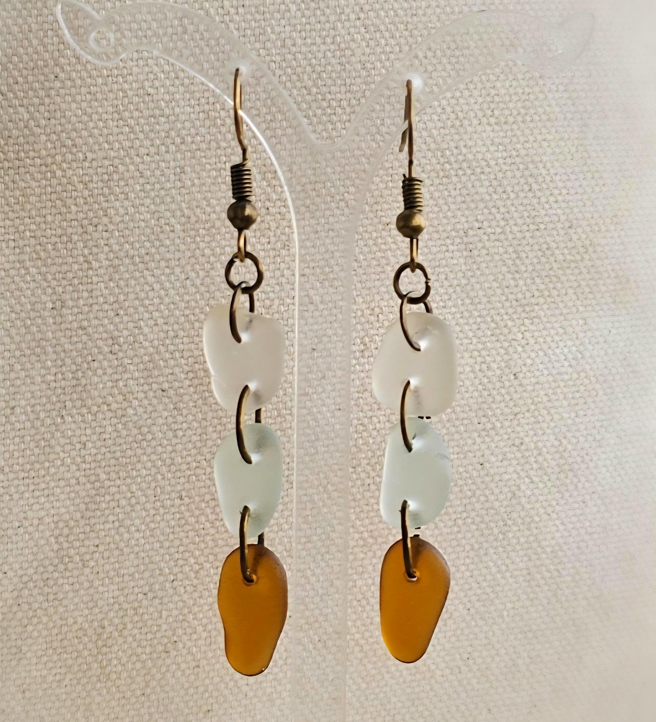 Handmade Sea Glass Dangle Earrings | Aqua, Clear & Amber Brown Beach Glass