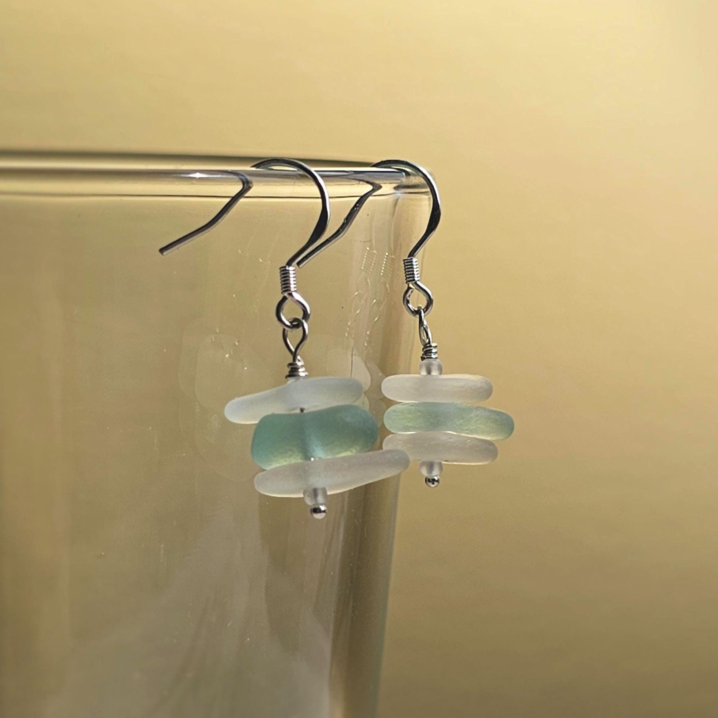 Sterling Silver Aqua Seafoam & Clear Sea Glass Earrings