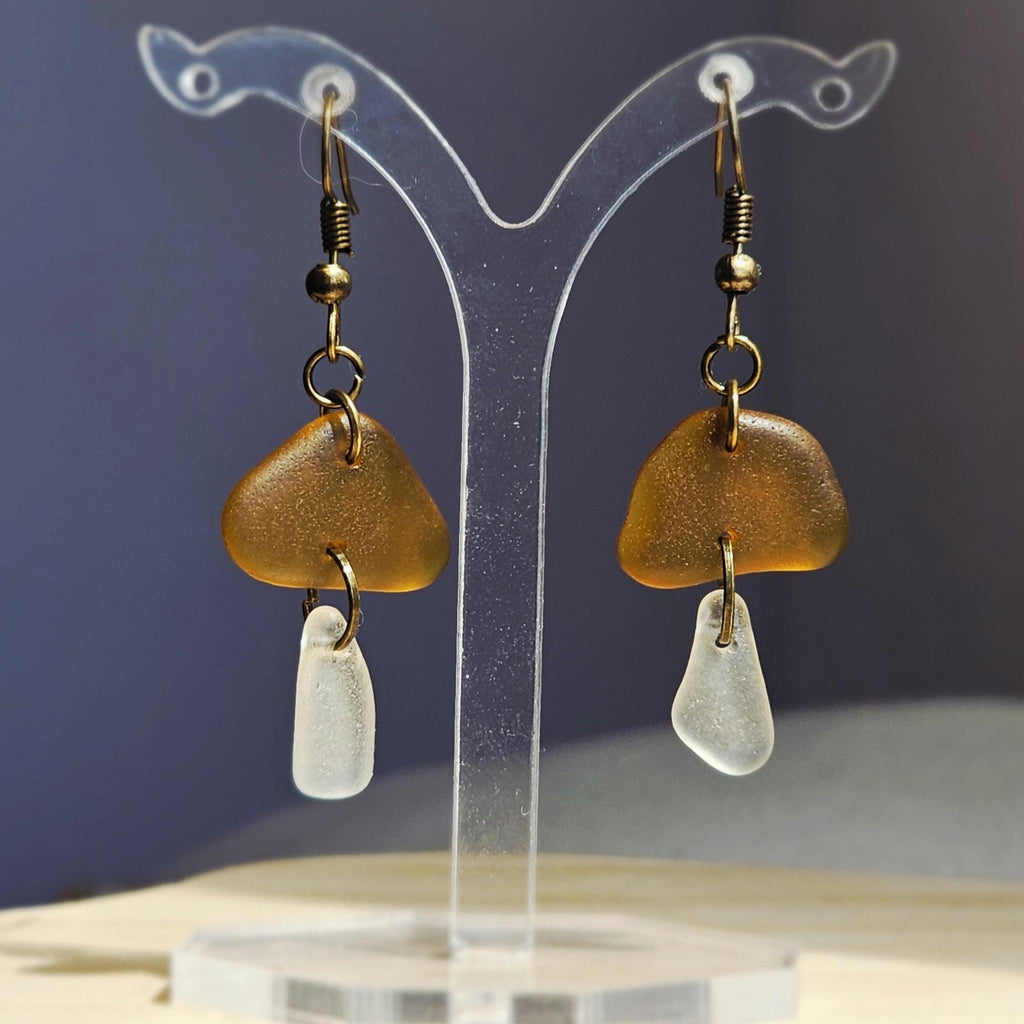 Amber & Clear Sea Glass Mushroom Earrings