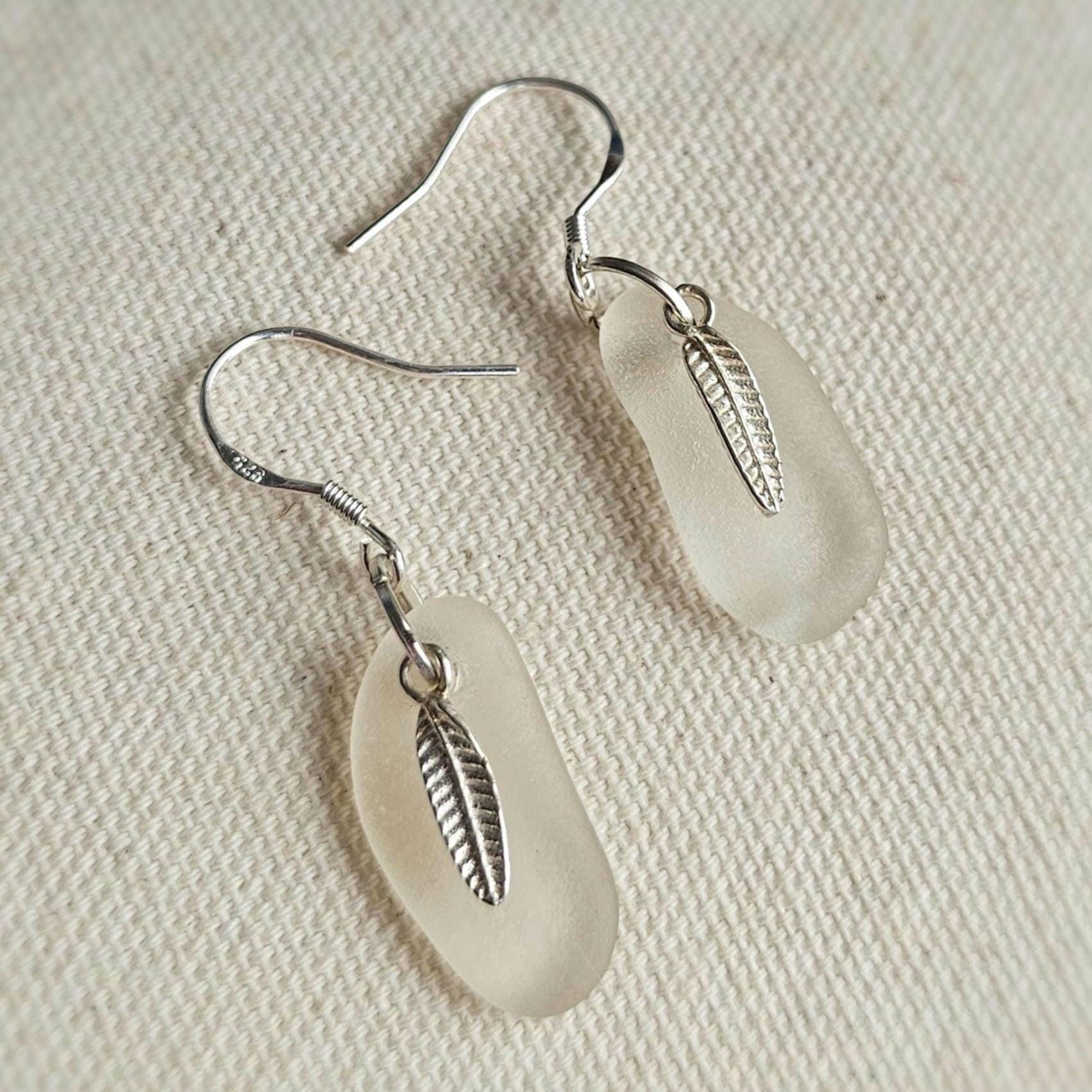 Sterling Silver Frosted White Sea Glass Earrings