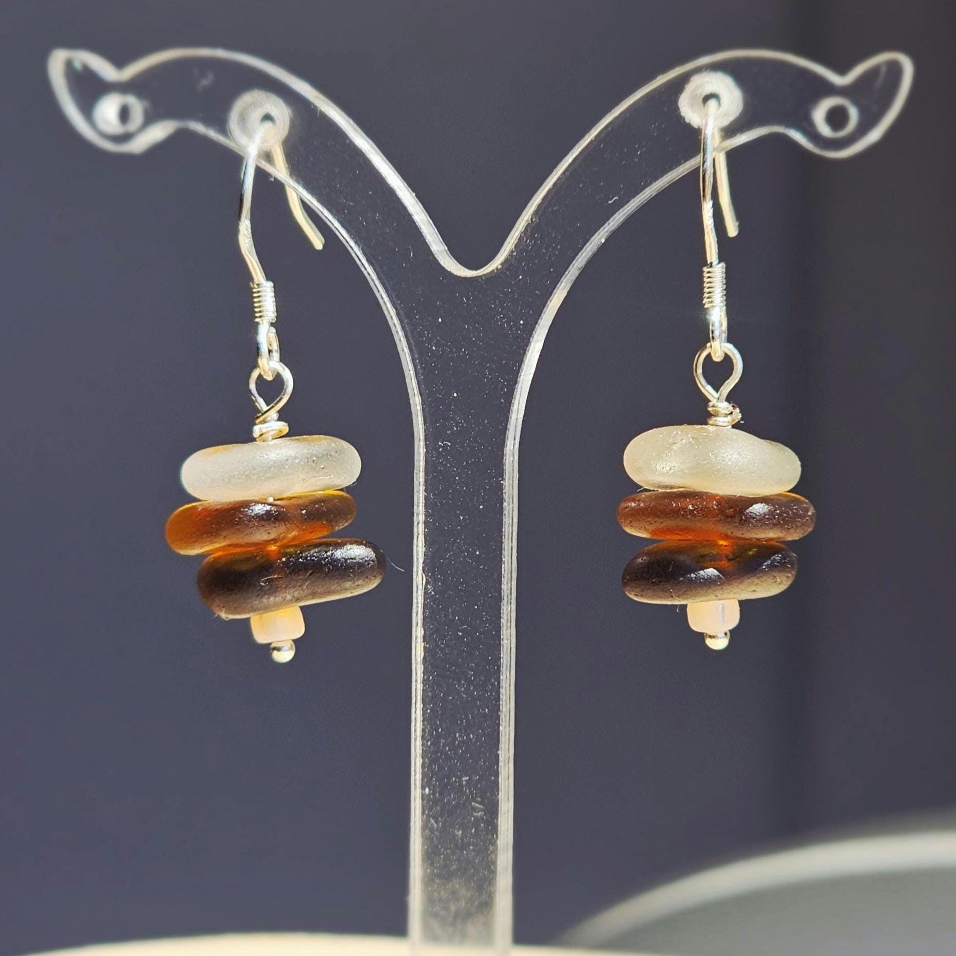 Sterling Silver Amber Ombre Sea Glass Drop Earrings