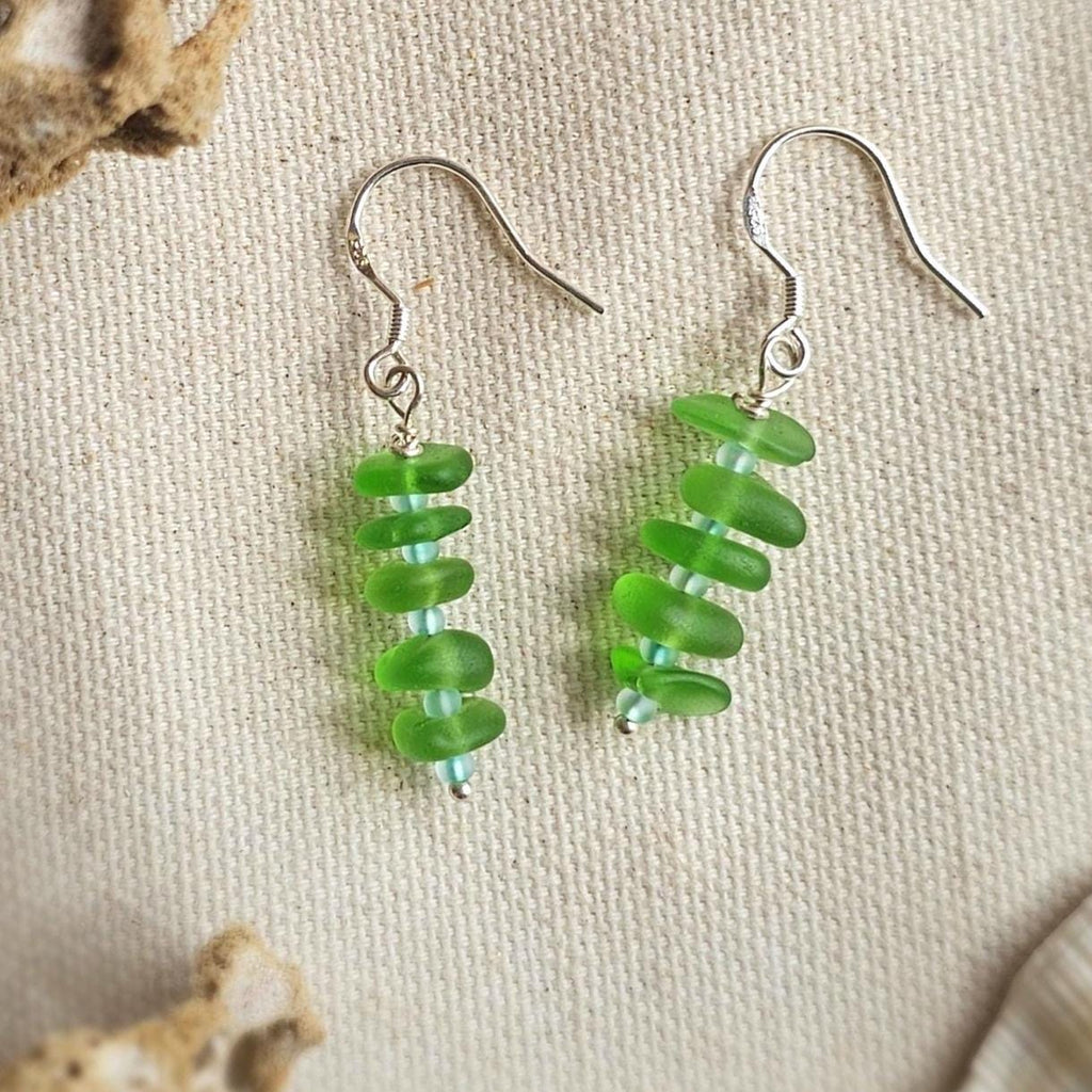 Sterling Silver Vibrant Green Sea Glass Earrings