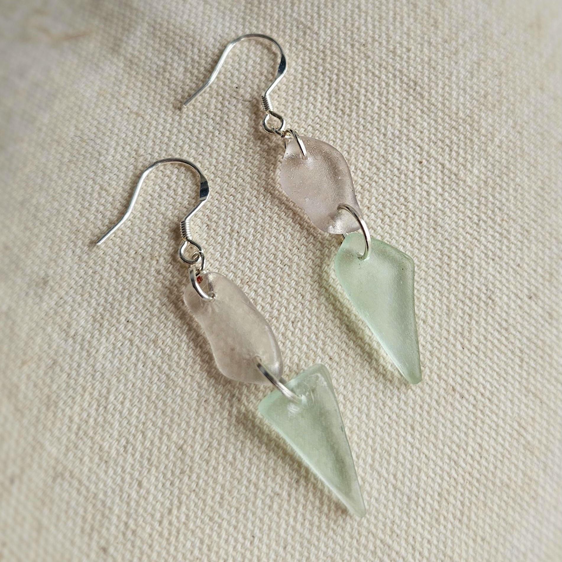 Sterling Silver Pale Pink & Seafoam Aqua Sea Glass Earrings
