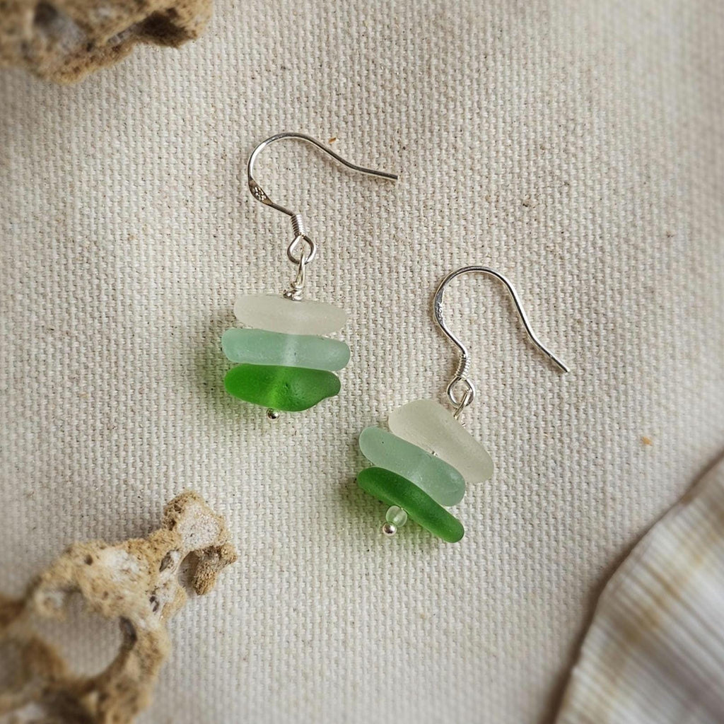 Sterling Silver Sea Glass Earrings | Green, Aqua & White Beach Glass