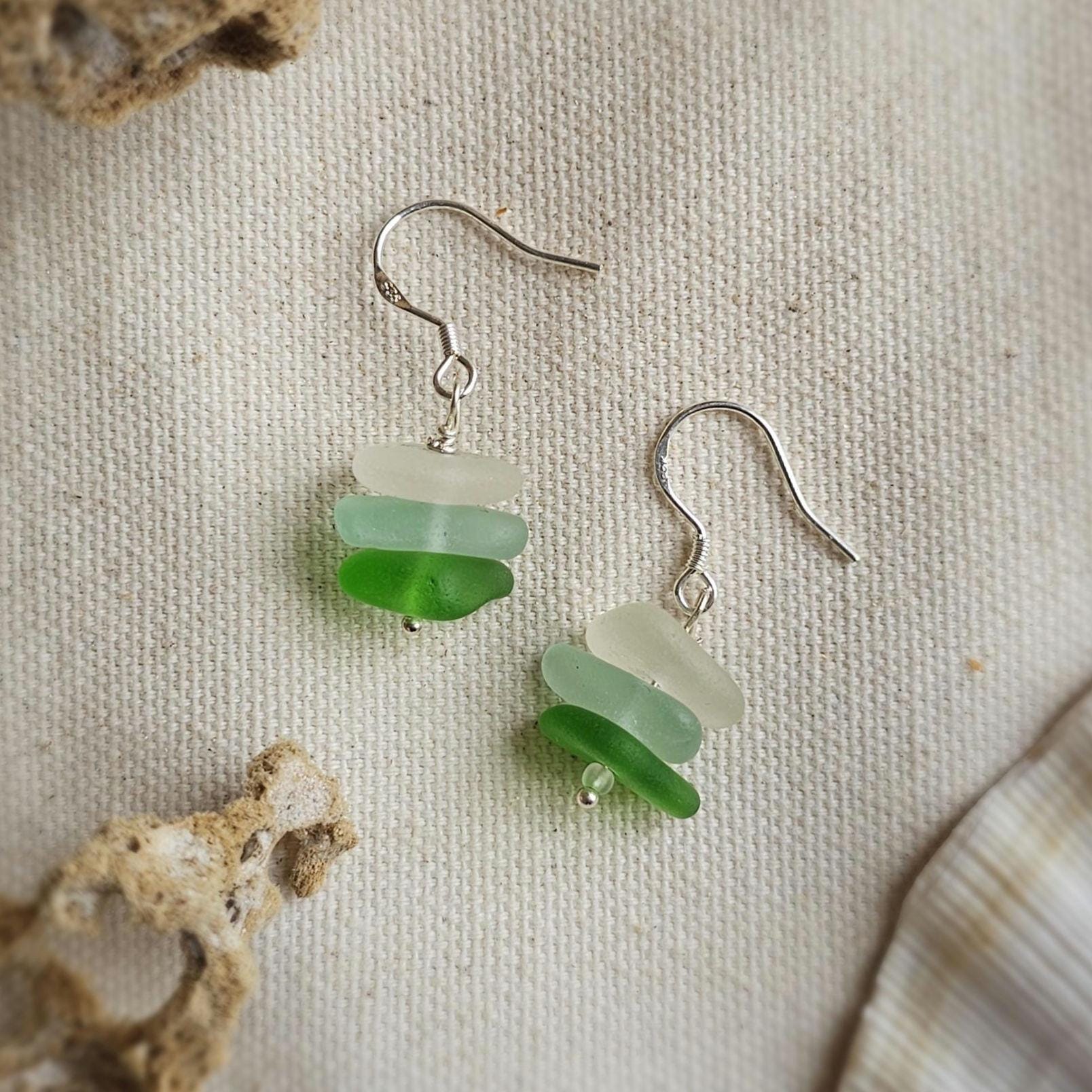 Sterling Silver Sea Glass Earrings | Green, Aqua & White Beach Glass