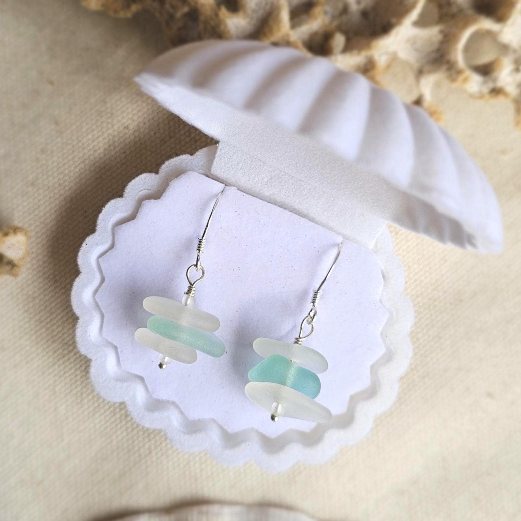 Sterling Silver Aqua Seafoam & Clear Sea Glass Earrings