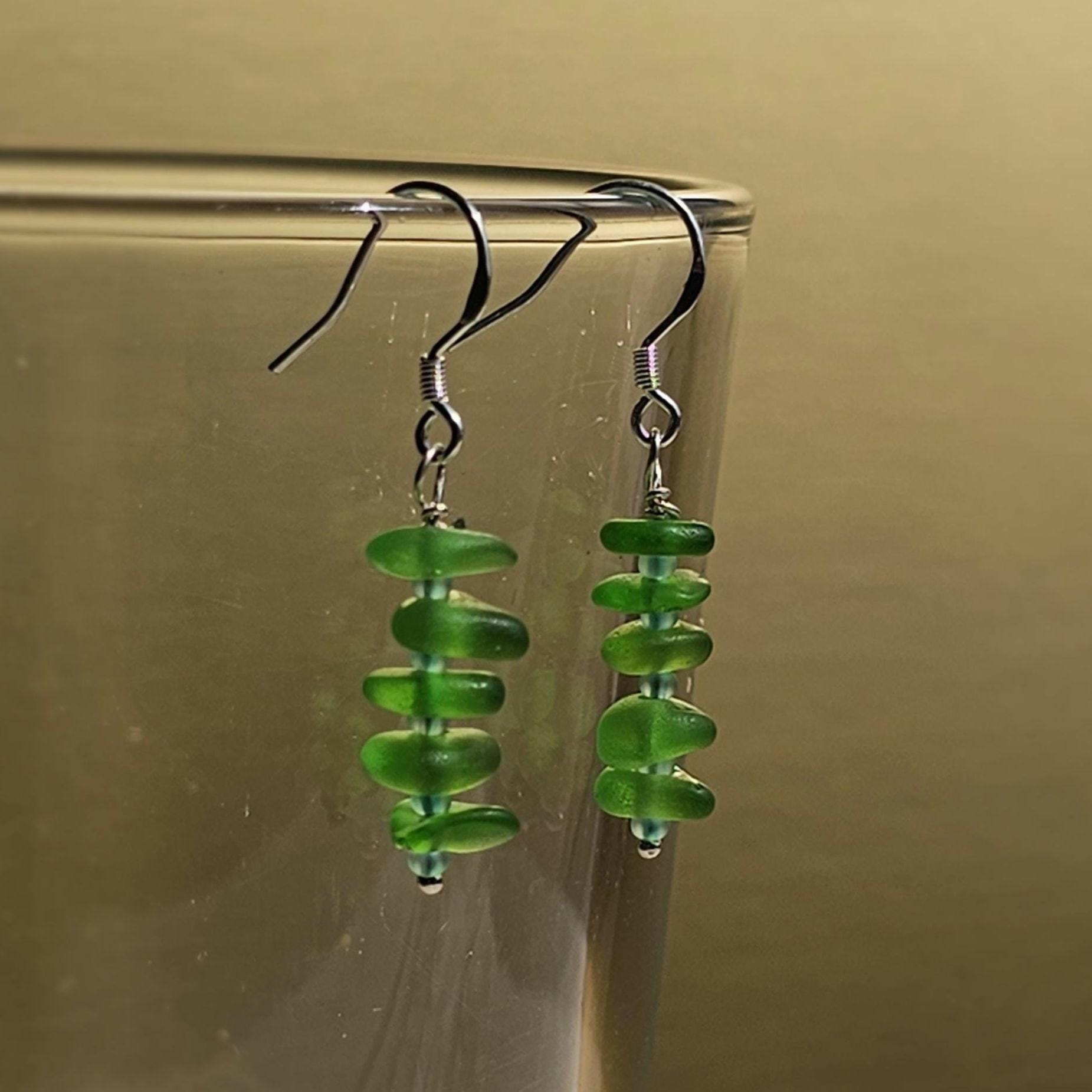 Sterling Silver Vibrant Green Sea Glass Earrings