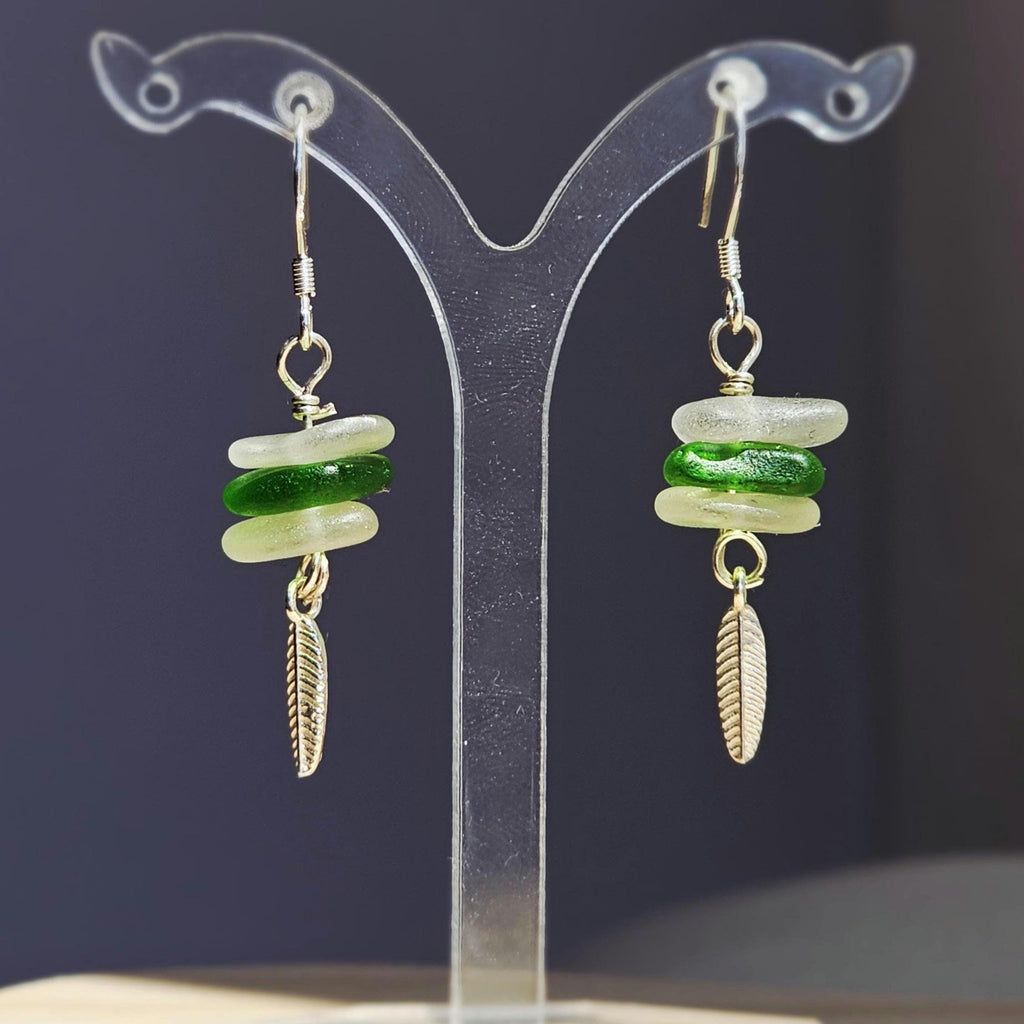 Sterling Silver Handmade Green & White Sea Glass Earrings