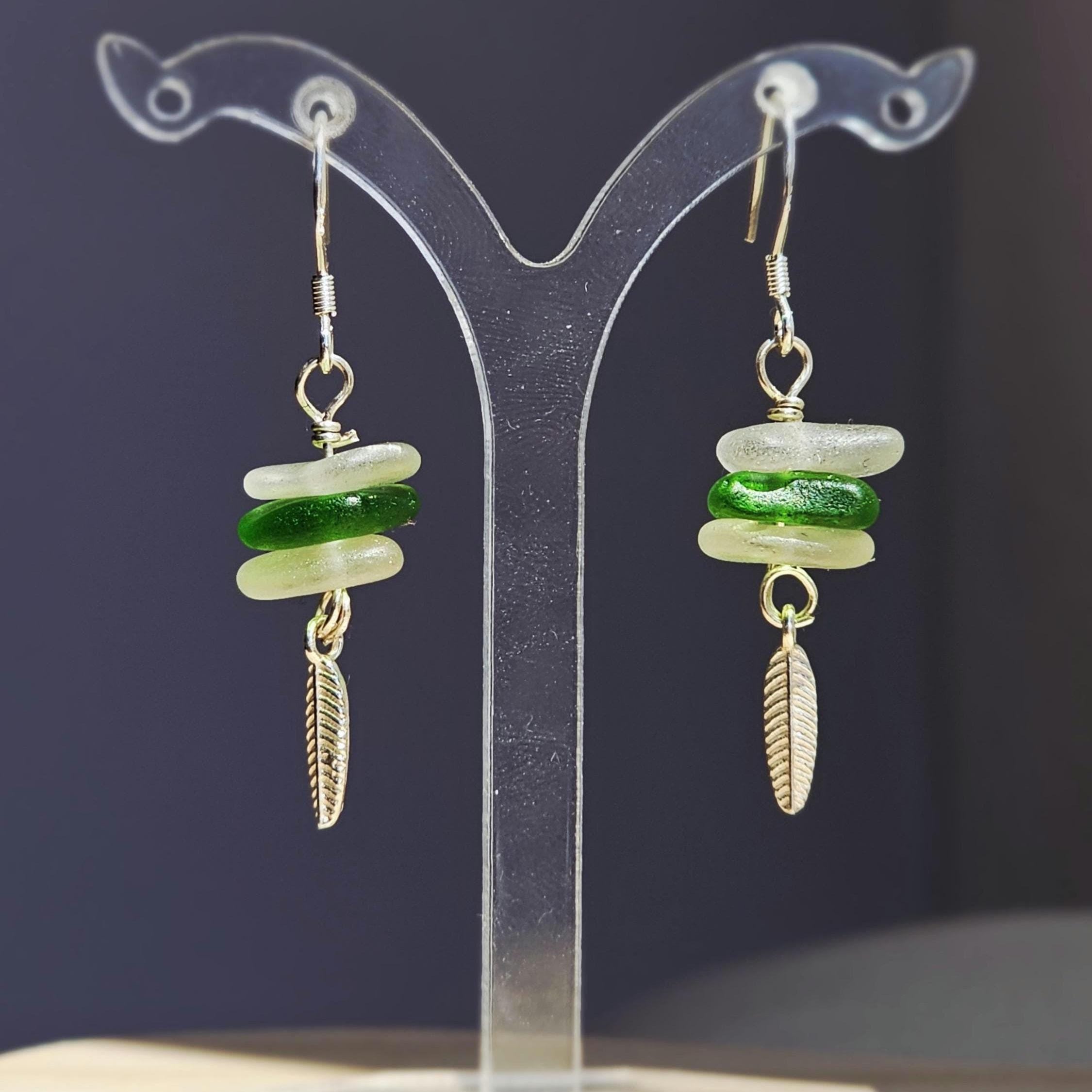 Sterling Silver Handmade Green & White Sea Glass Earrings