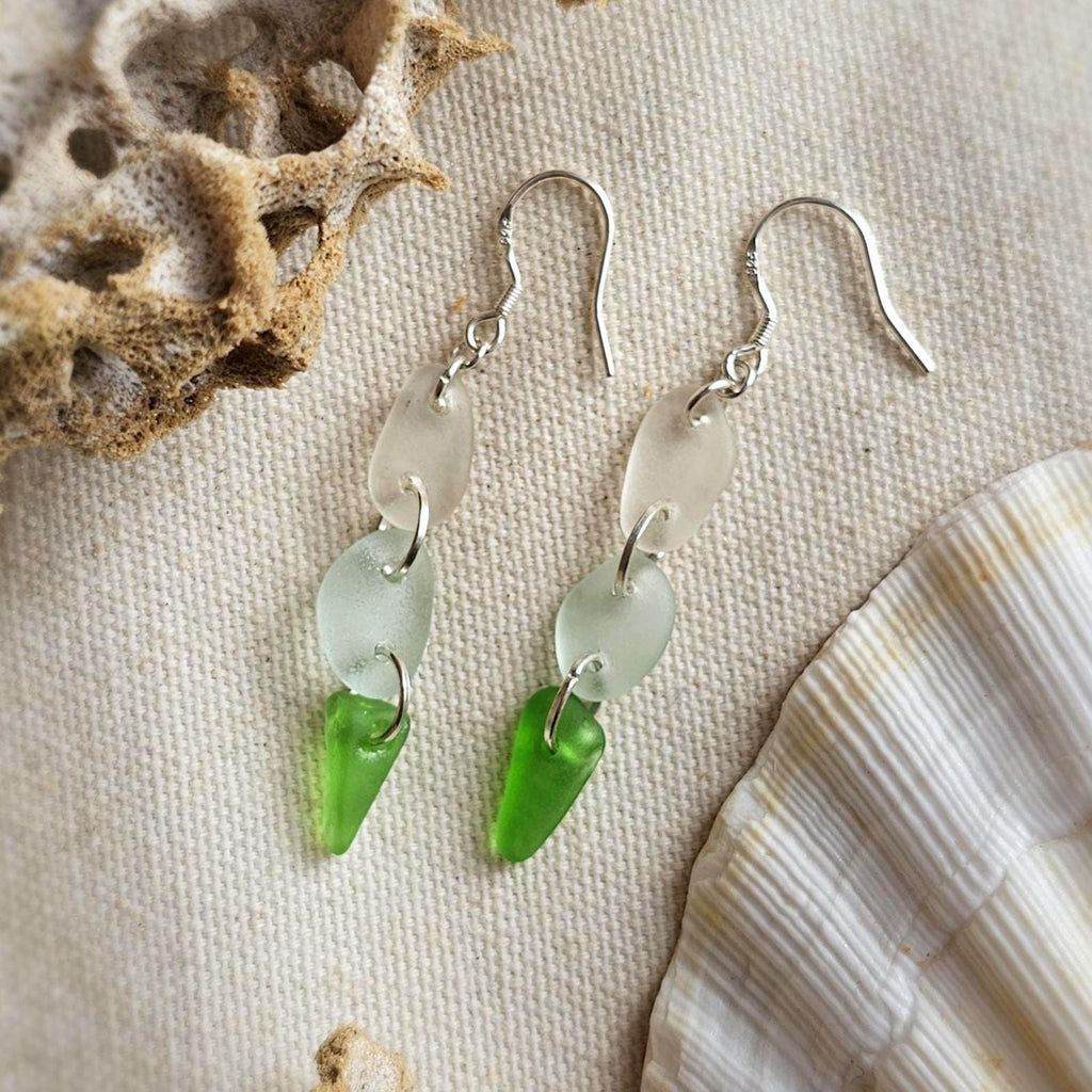 Sterling Silver Sea Glass Earrings | Green, Aqua & White Beach Glass