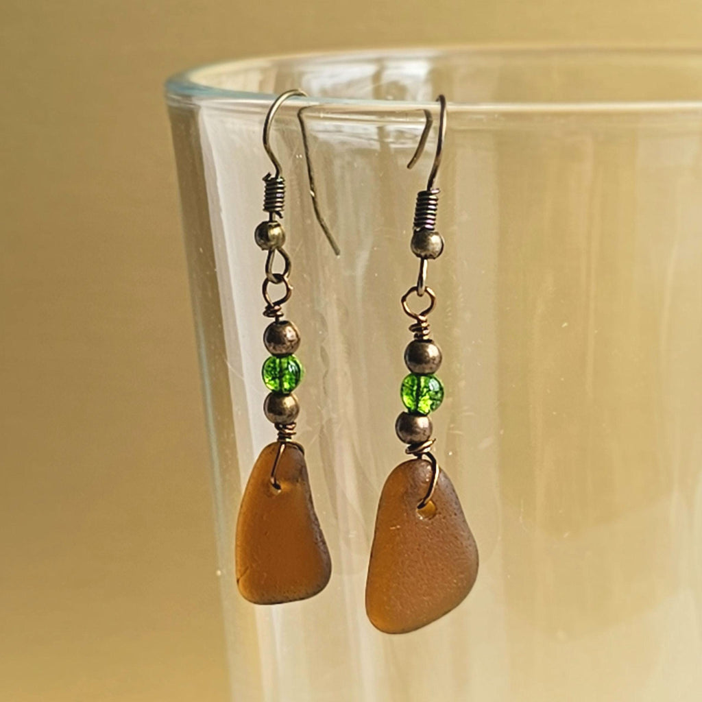 Handmade Amber Sea Glass Dangle Earrings