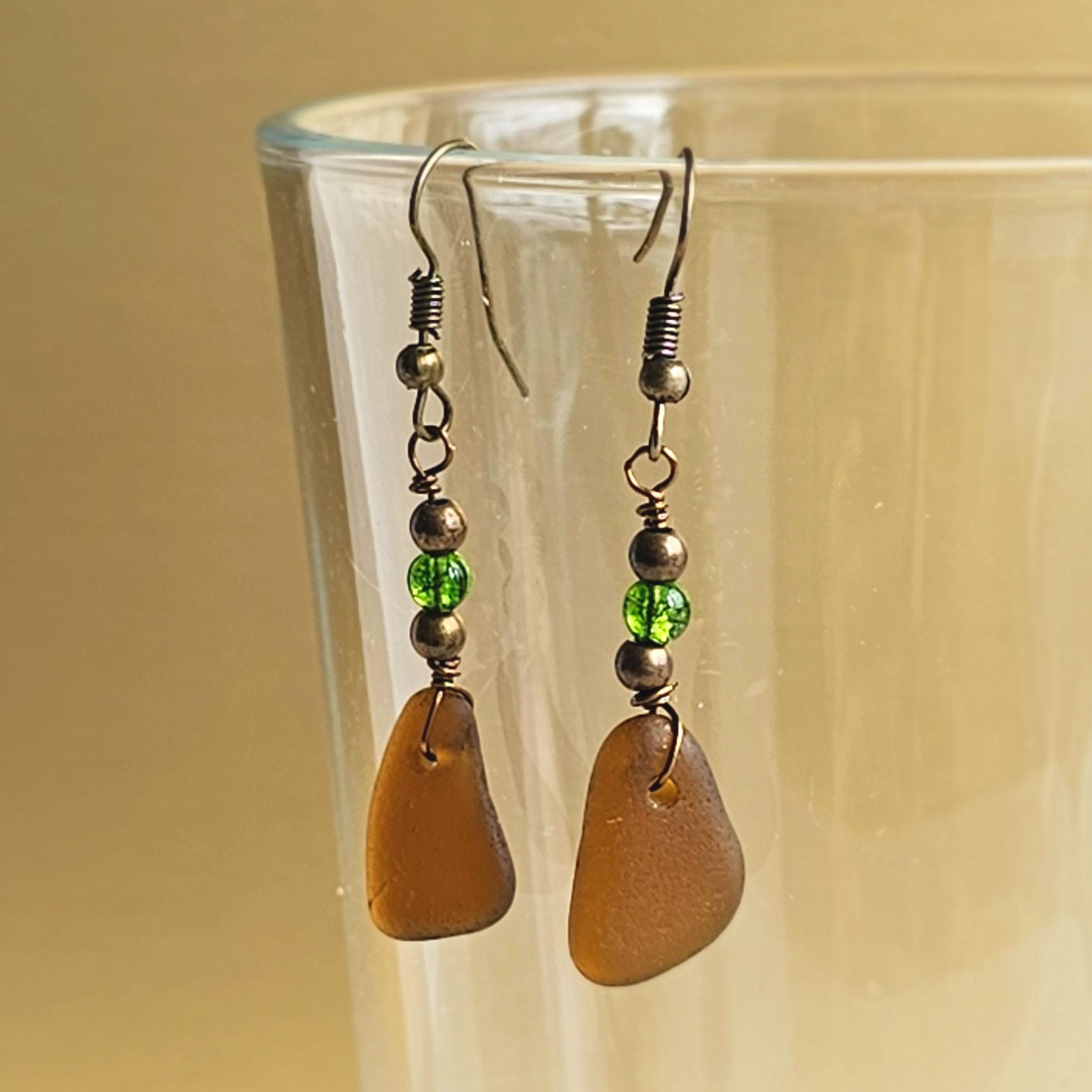Handmade Amber Sea Glass Dangle Earrings