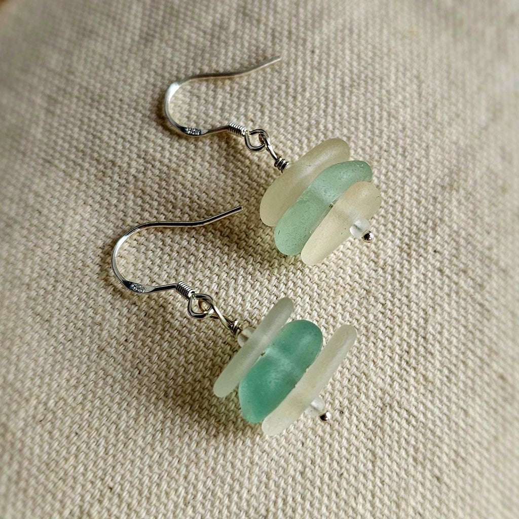 Sterling Silver Aqua Seafoam & Clear Sea Glass Earrings