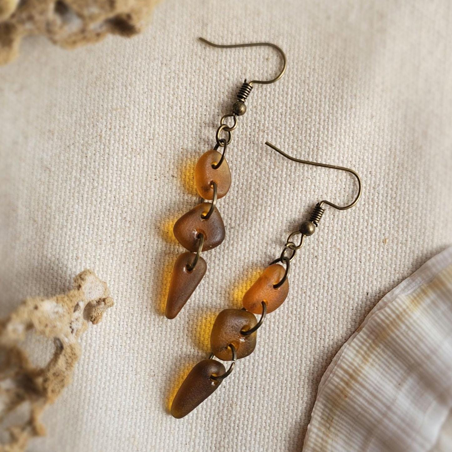 Handmade Amber Sea Glass Earrings – Genuine Beach Glass