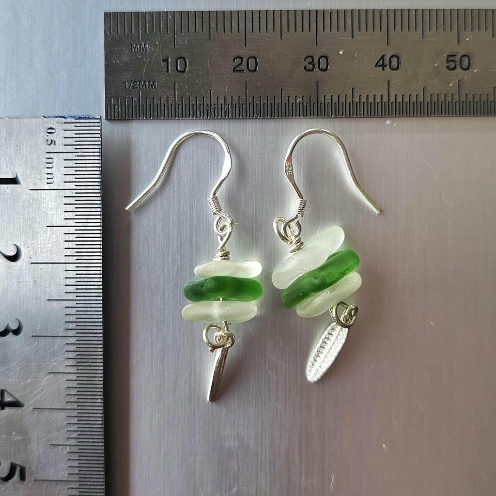 Sterling Silver Handmade Green & White Sea Glass Earrings