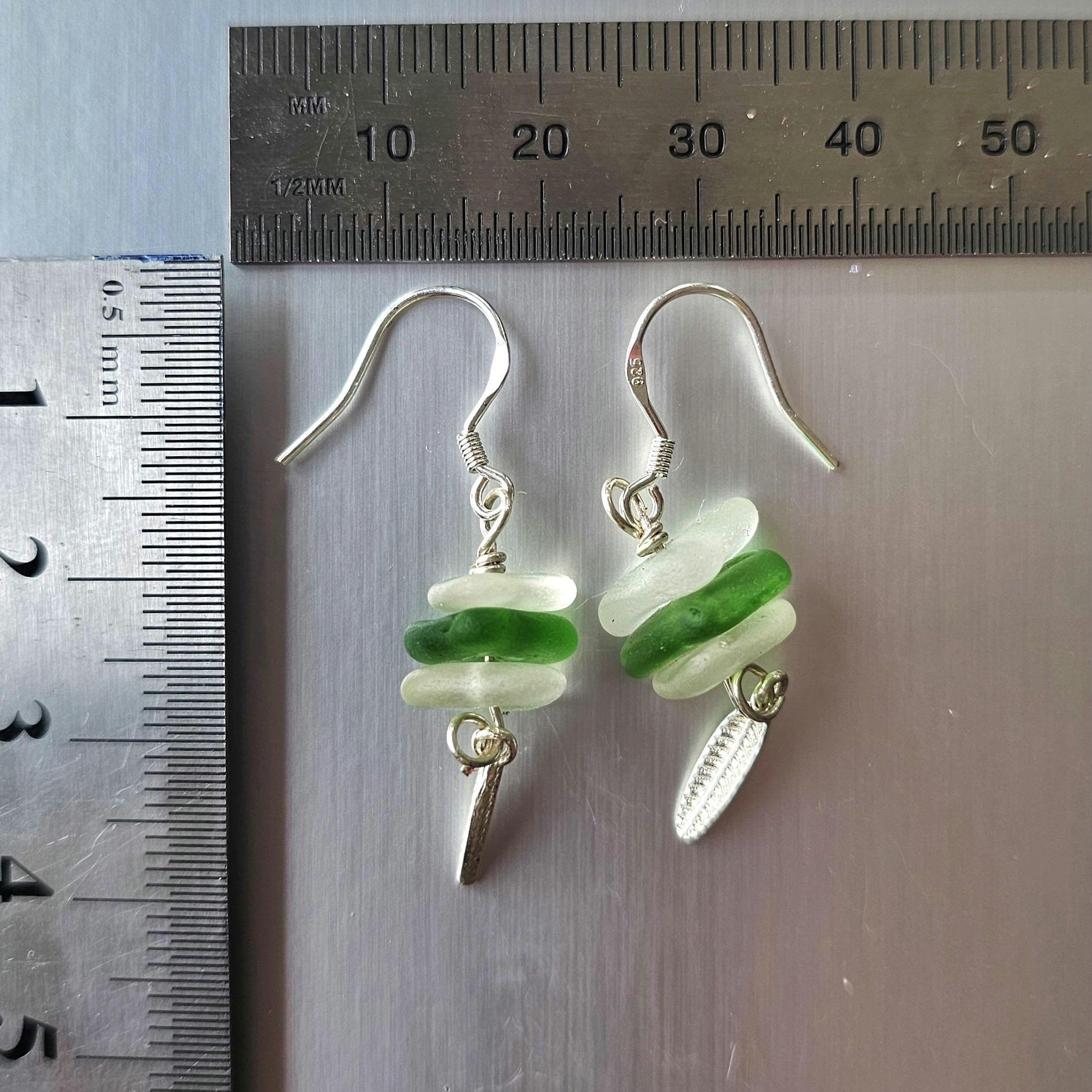 Sterling Silver Handmade Green & White Sea Glass Earrings