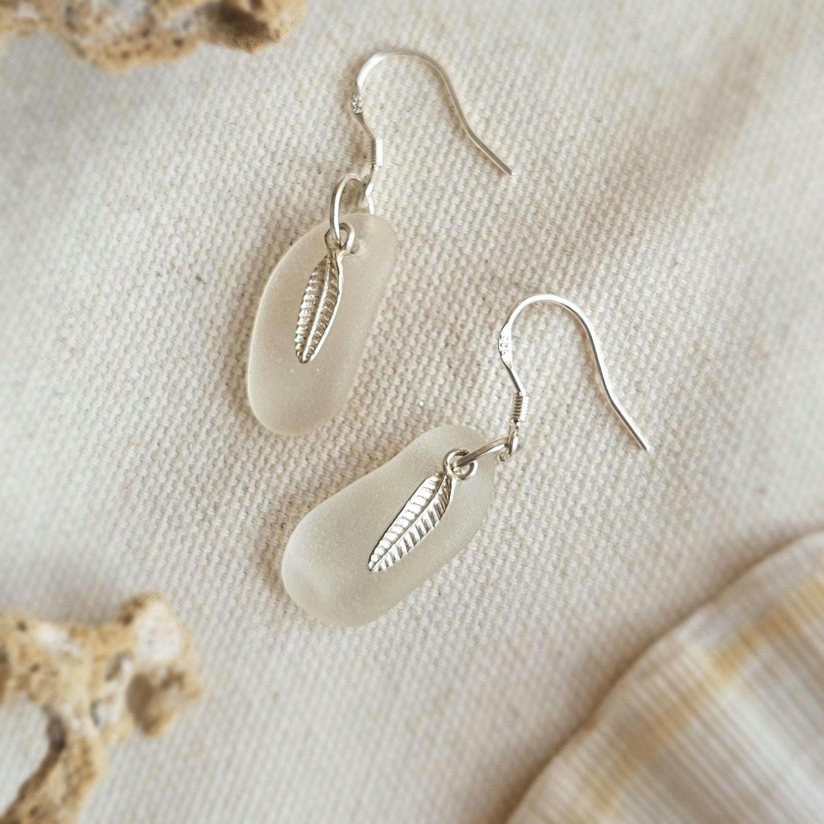Sterling Silver Frosted White Sea Glass Earrings