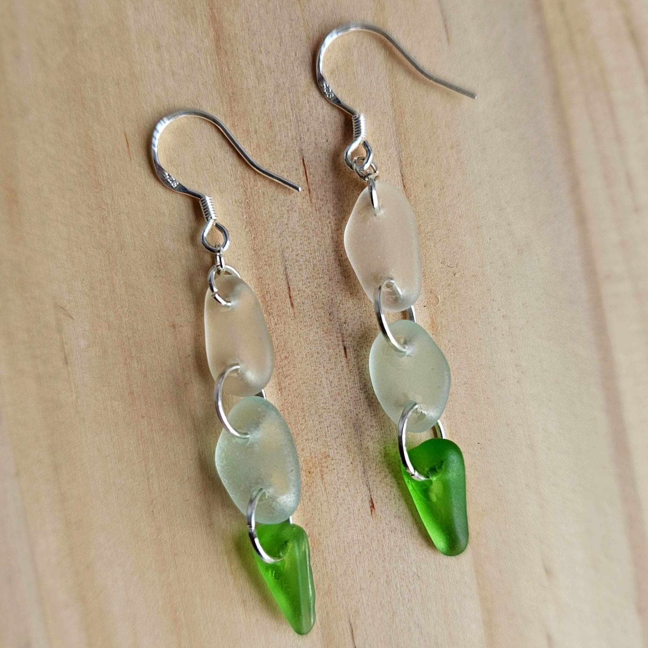 Sterling Silver Sea Glass Earrings | Green, Aqua & White Beach Glass
