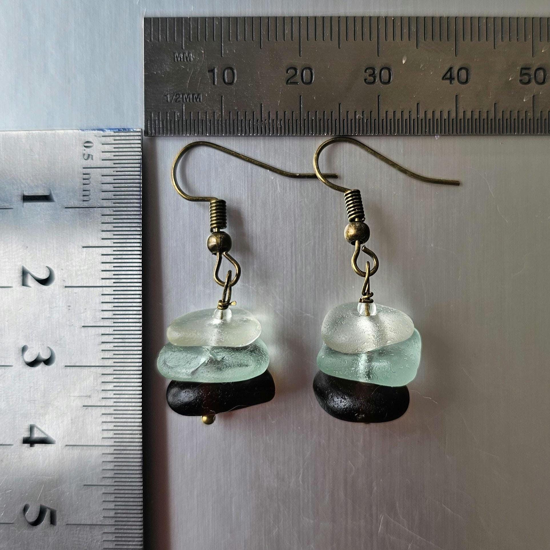 Sea Glass Earrings | White, Aqua and Dark Brown Beach Glass