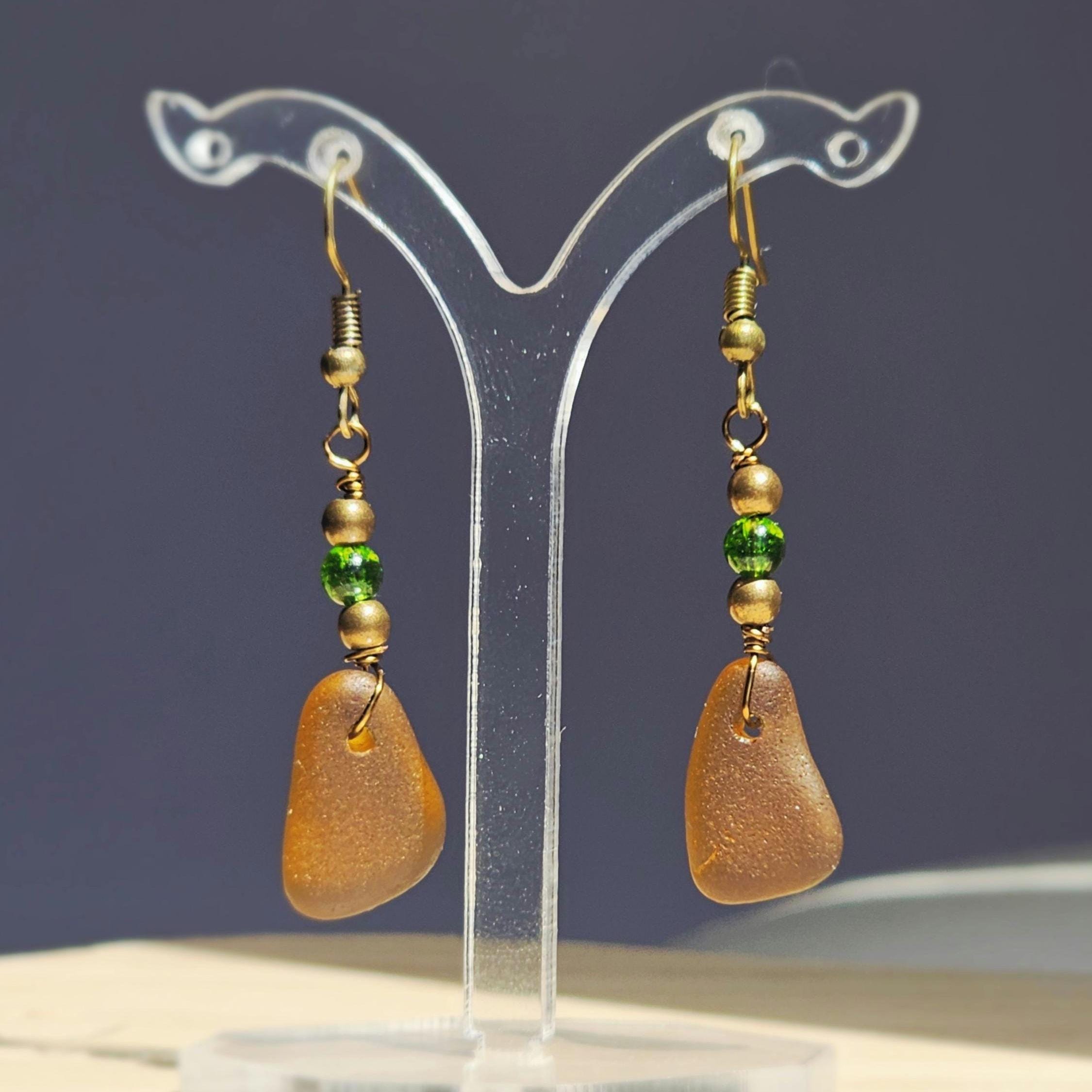 Handmade Amber Sea Glass Dangle Earrings