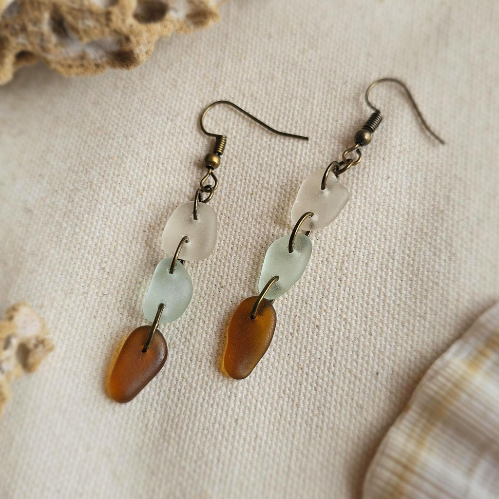 Handmade Sea Glass Dangle Earrings | Aqua, Clear & Amber Brown Beach Glass