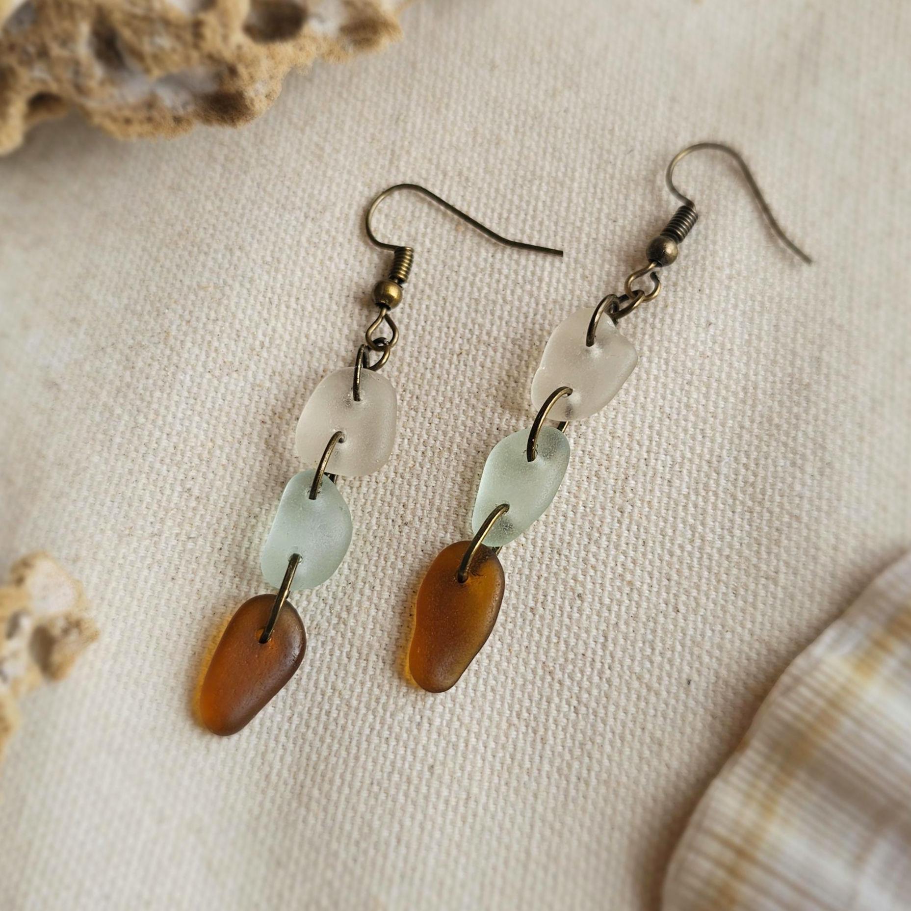 Handmade Sea Glass Dangle Earrings | Aqua, Clear & Amber Brown Beach Glass