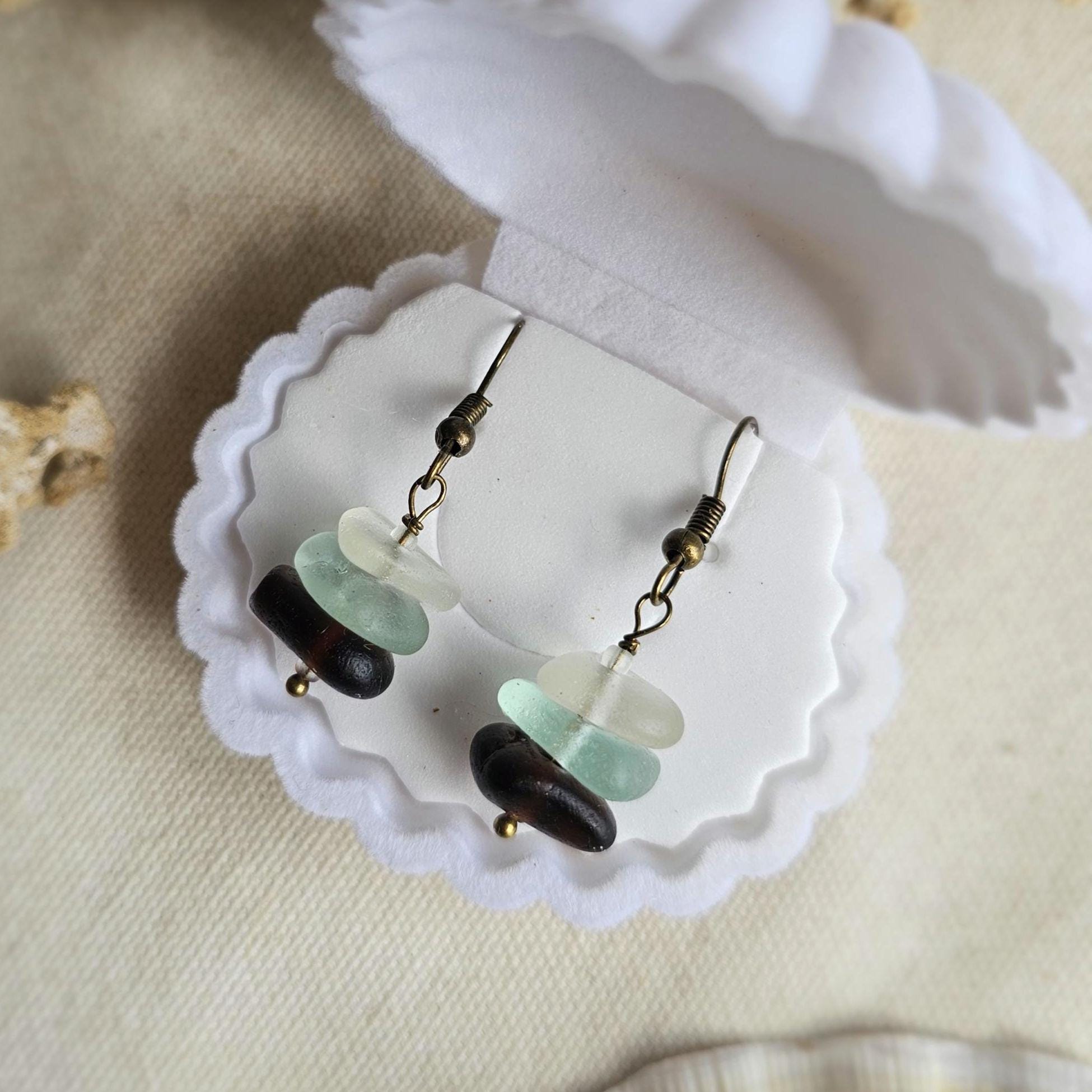 Sea Glass Earrings | White, Aqua and Dark Brown Beach Glass
