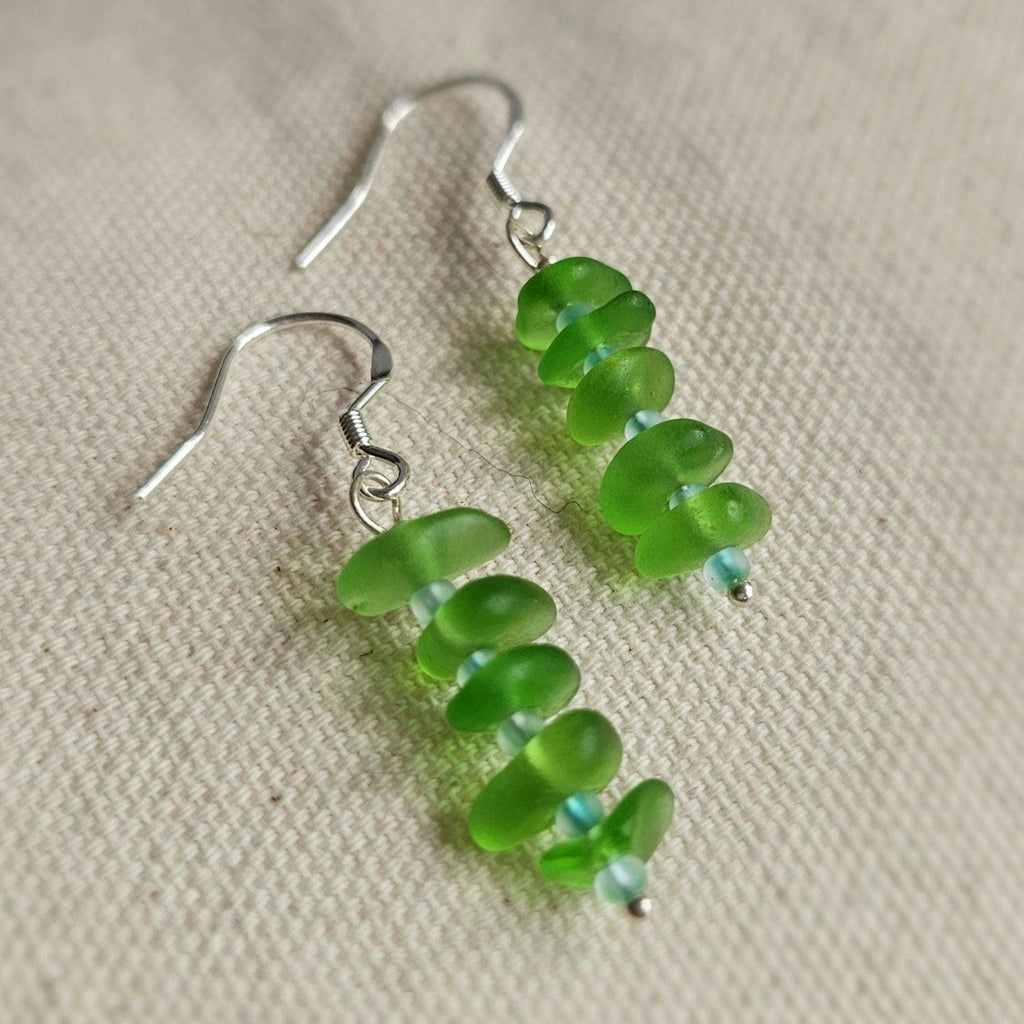 Sterling Silver Vibrant Green Sea Glass Earrings