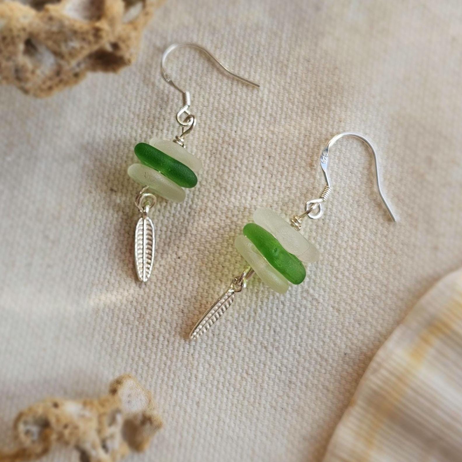 Sterling Silver Handmade Green & White Sea Glass Earrings