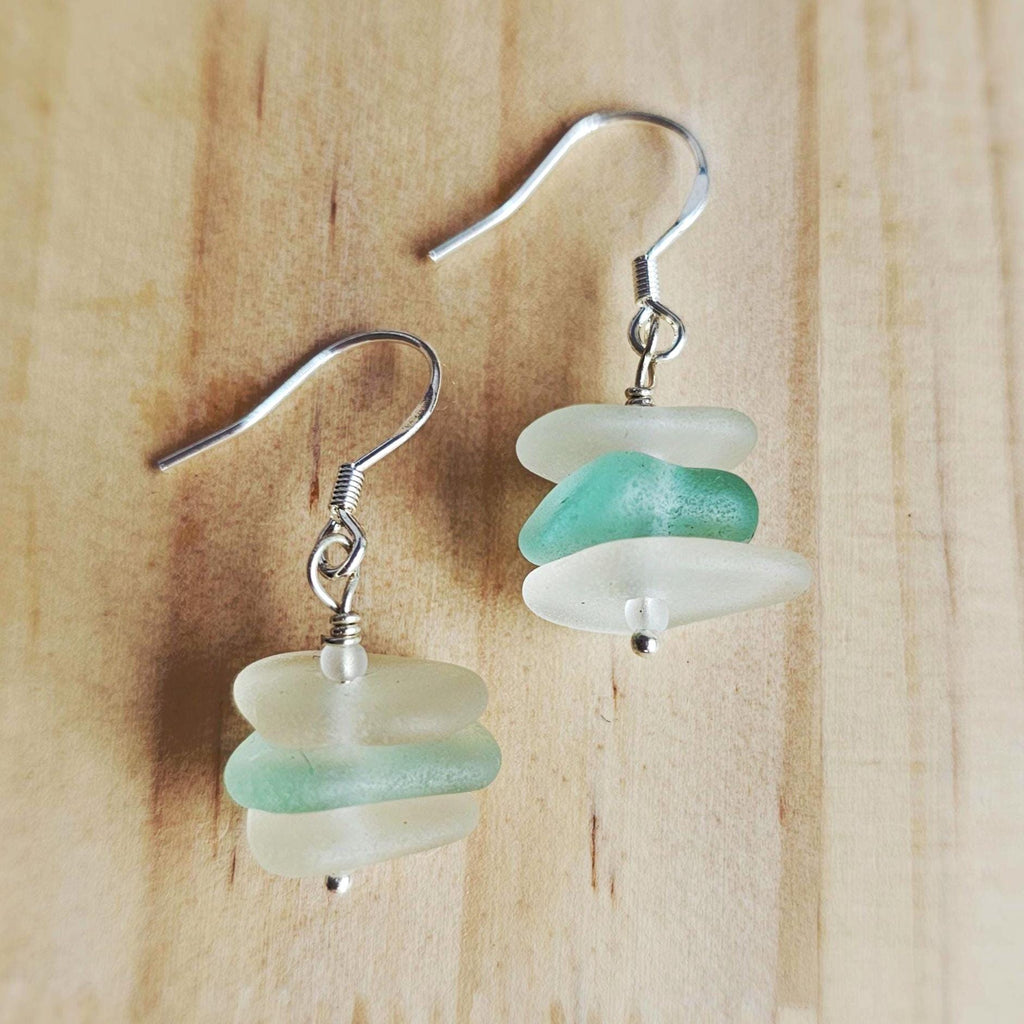 Sterling Silver Aqua Seafoam & Clear Sea Glass Earrings