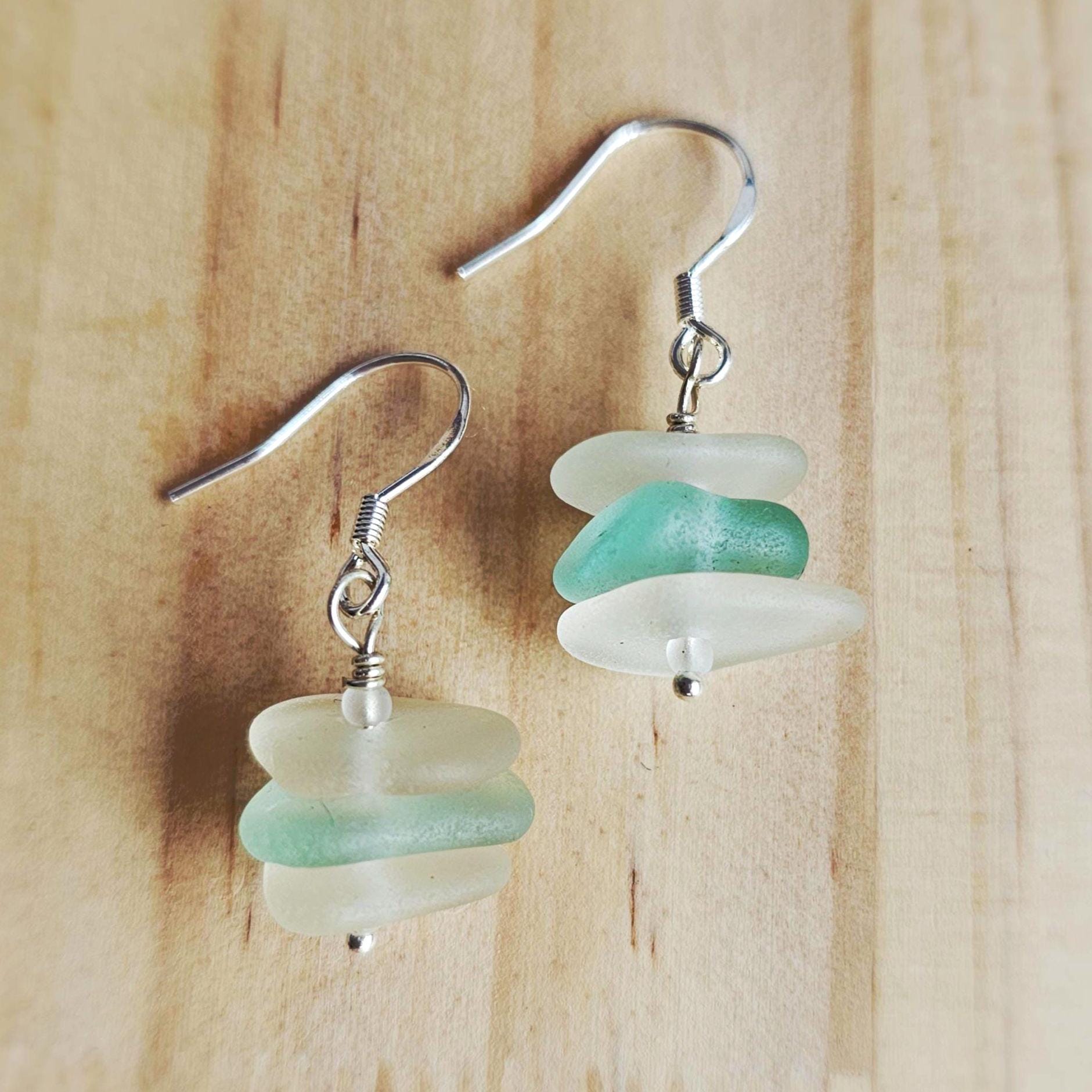 Sterling Silver Aqua Seafoam & Clear Sea Glass Earrings