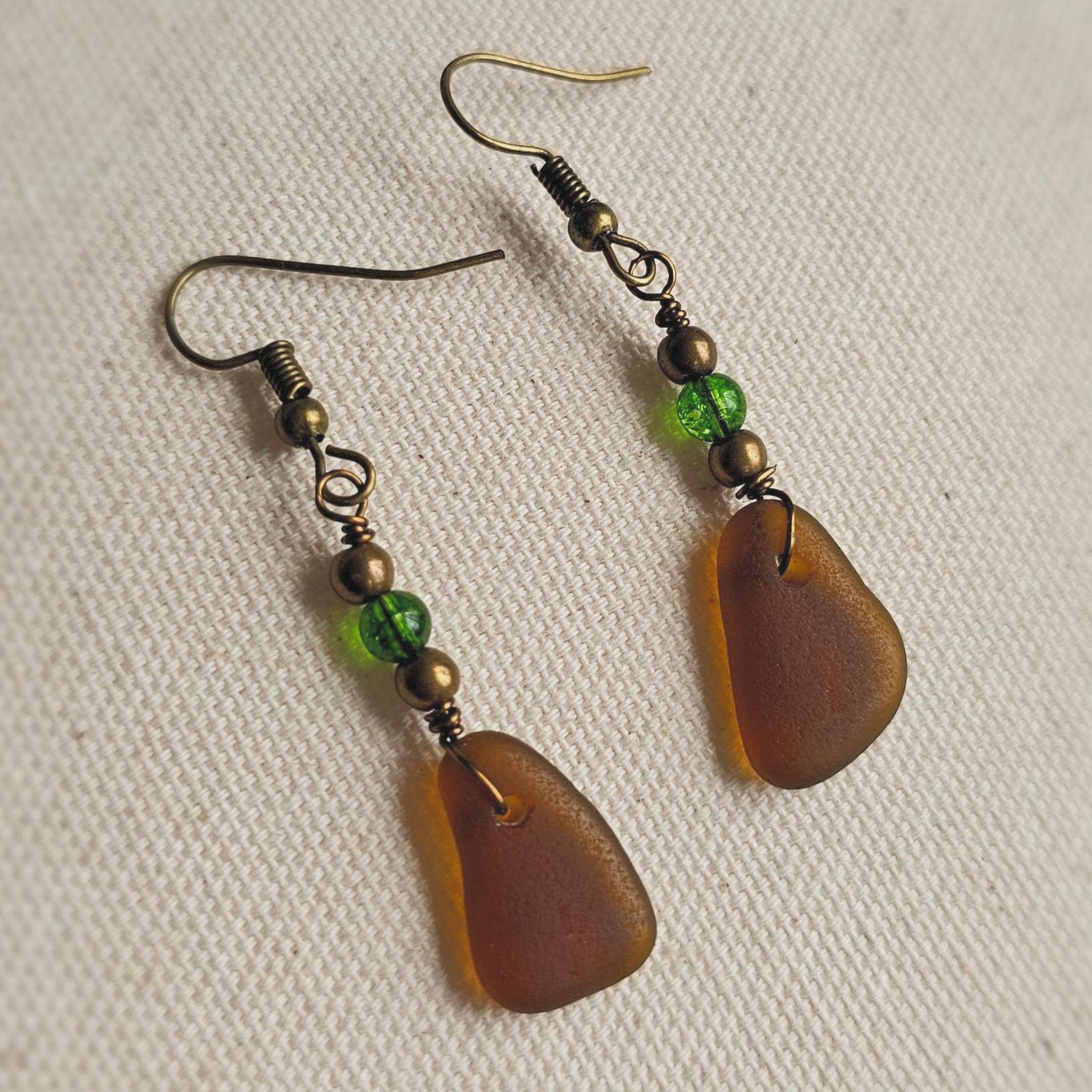 Handmade Amber Sea Glass Dangle Earrings