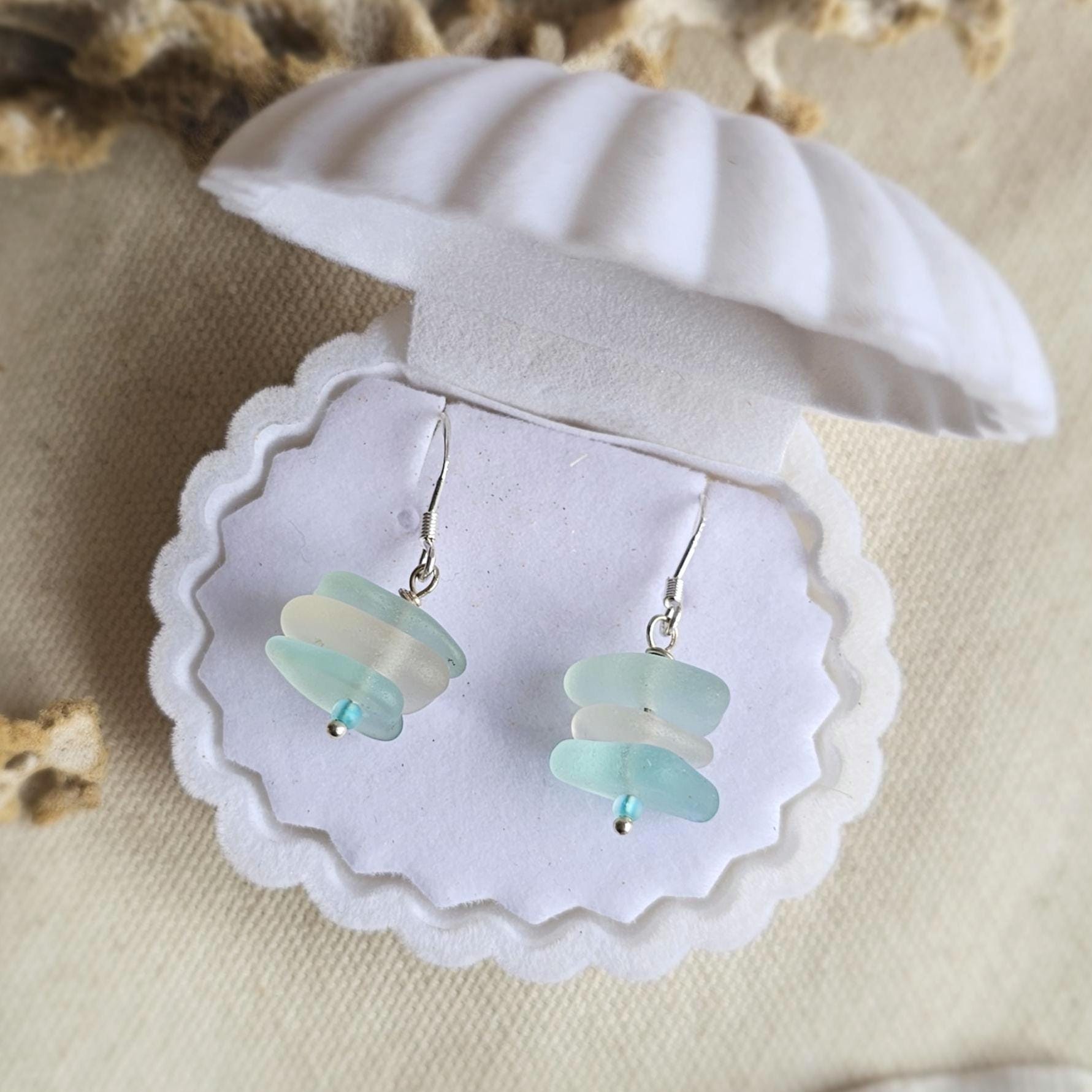 Sterling Silver Aqua & Clear Sea Glass Earrings