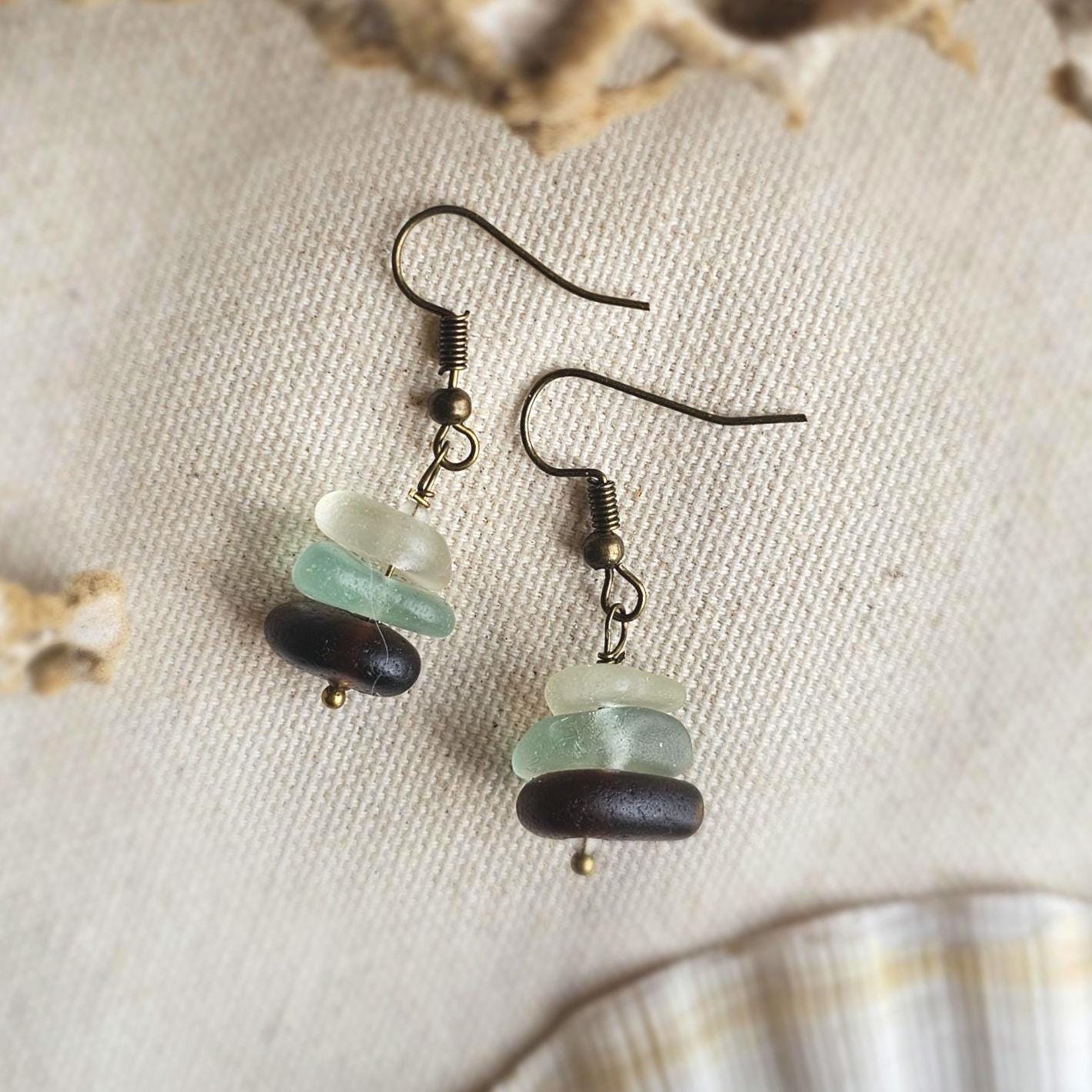Sea Glass Earrings | White, Aqua and Dark Brown Beach Glass