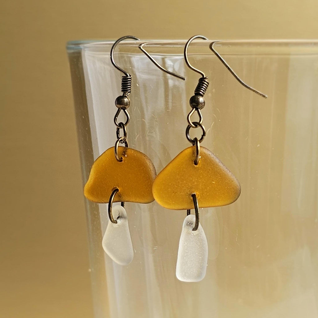 Amber & Clear Sea Glass Mushroom Earrings