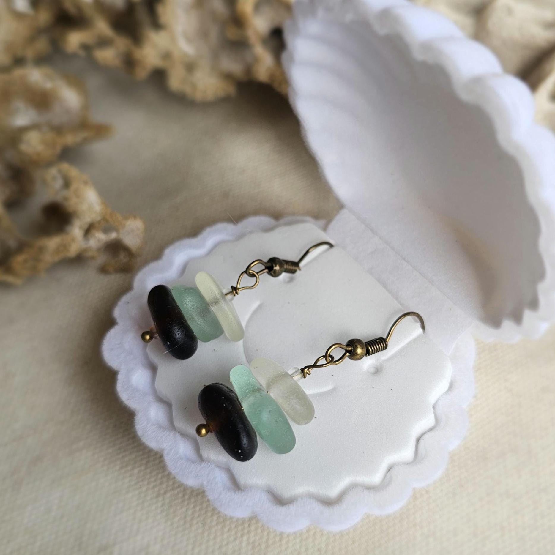 Sea Glass Earrings | White, Aqua and Dark Brown Beach Glass