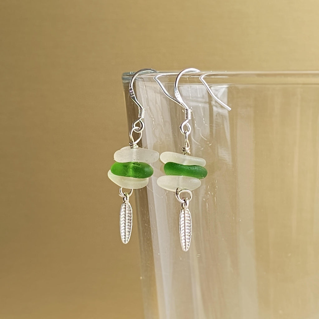 Sterling Silver Handmade Green & White Sea Glass Earrings