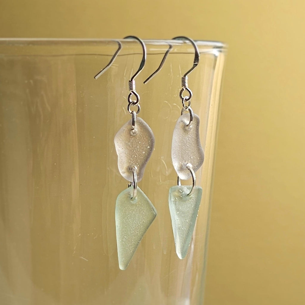 Sterling Silver Pale Pink & Seafoam Aqua Sea Glass Earrings