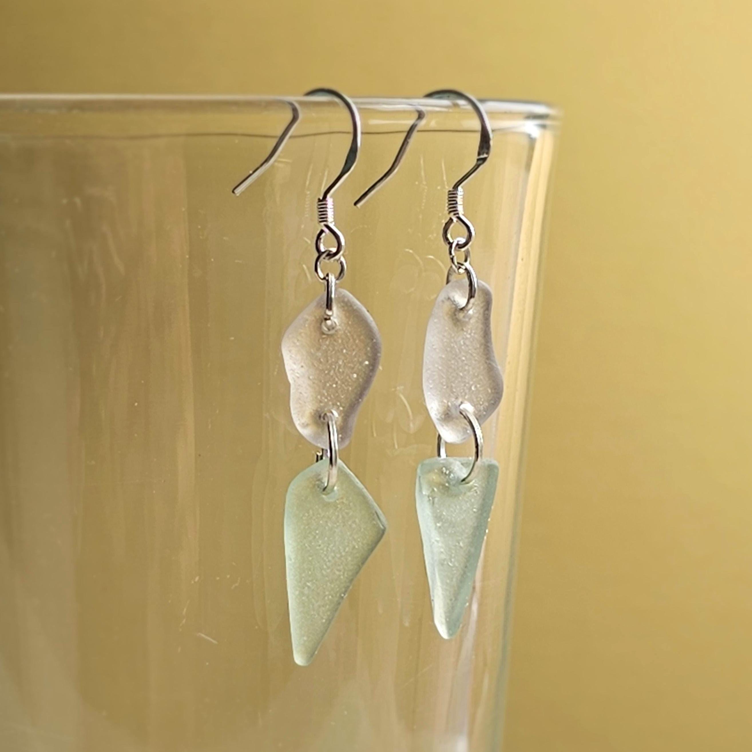 Sterling Silver Pale Pink & Seafoam Aqua Sea Glass Earrings