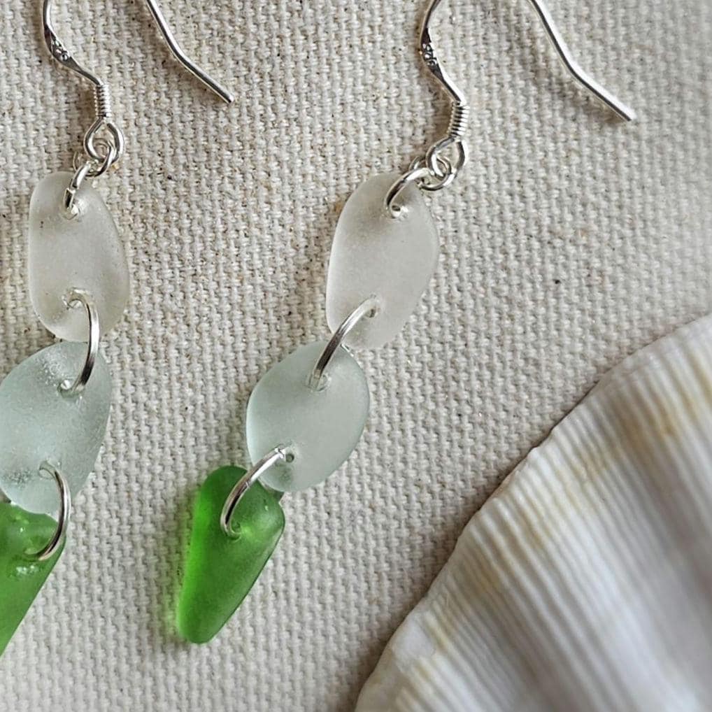 Sterling Silver Sea Glass Earrings | Green, Aqua & White Beach Glass