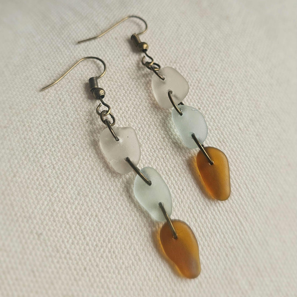 Handmade Sea Glass Dangle Earrings | Aqua, Clear & Amber Brown Beach Glass