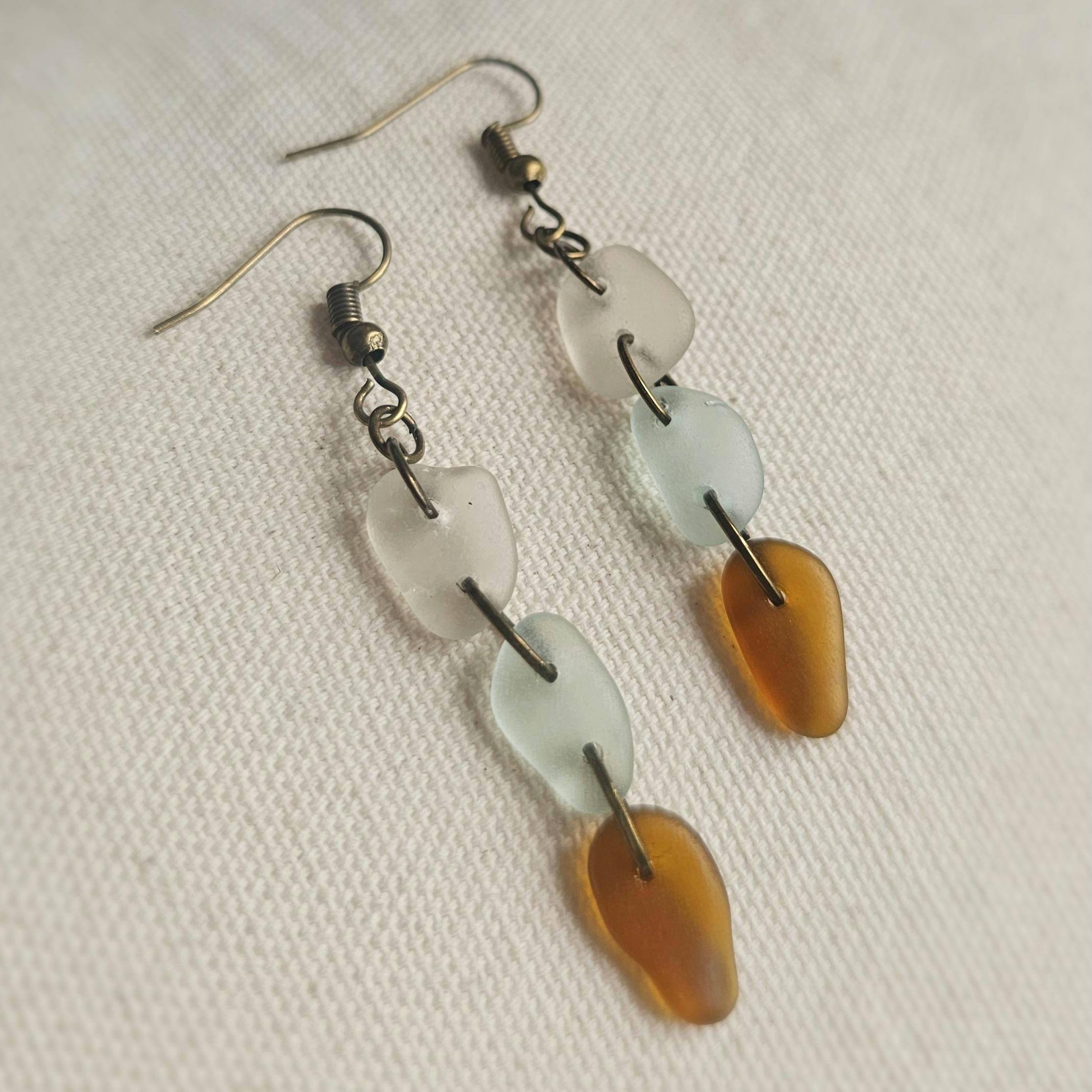 Handmade Sea Glass Dangle Earrings | Aqua, Clear & Amber Brown Beach Glass