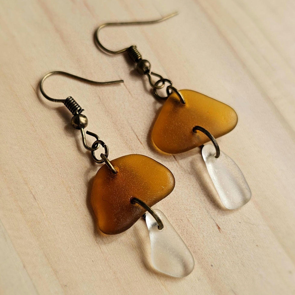 Amber & Clear Sea Glass Mushroom Earrings