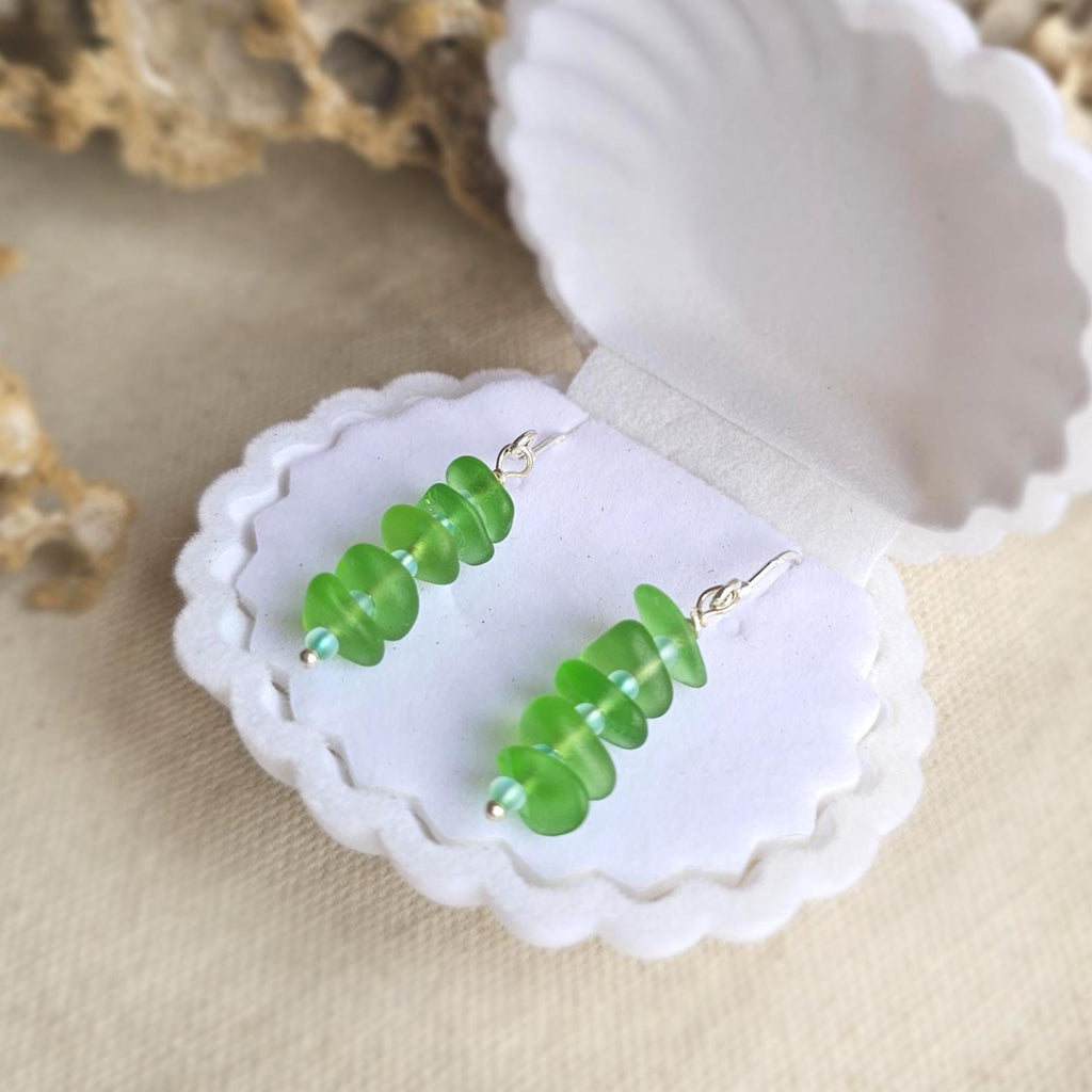 Sterling Silver Vibrant Green Sea Glass Earrings