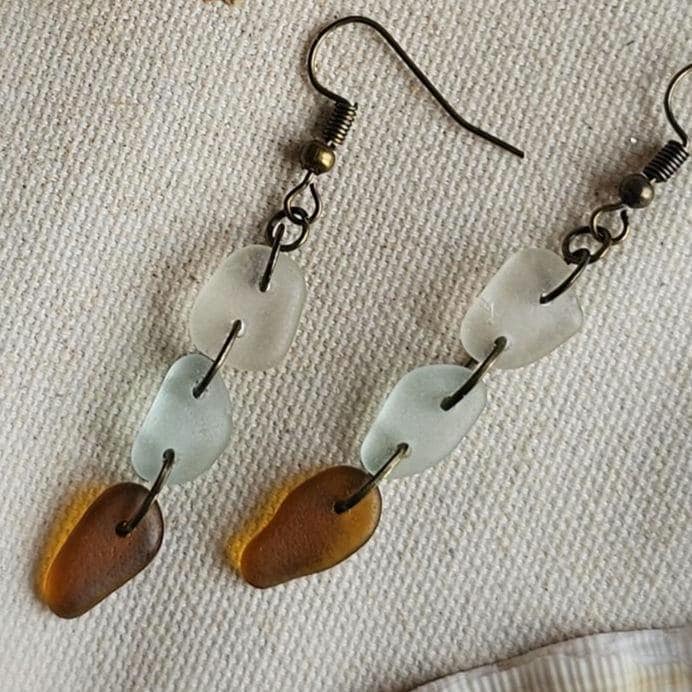 Handmade Sea Glass Dangle Earrings | Aqua, Clear & Amber Brown Beach Glass