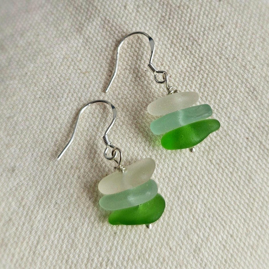Sterling Silver Sea Glass Earrings | Green, Aqua & White Beach Glass