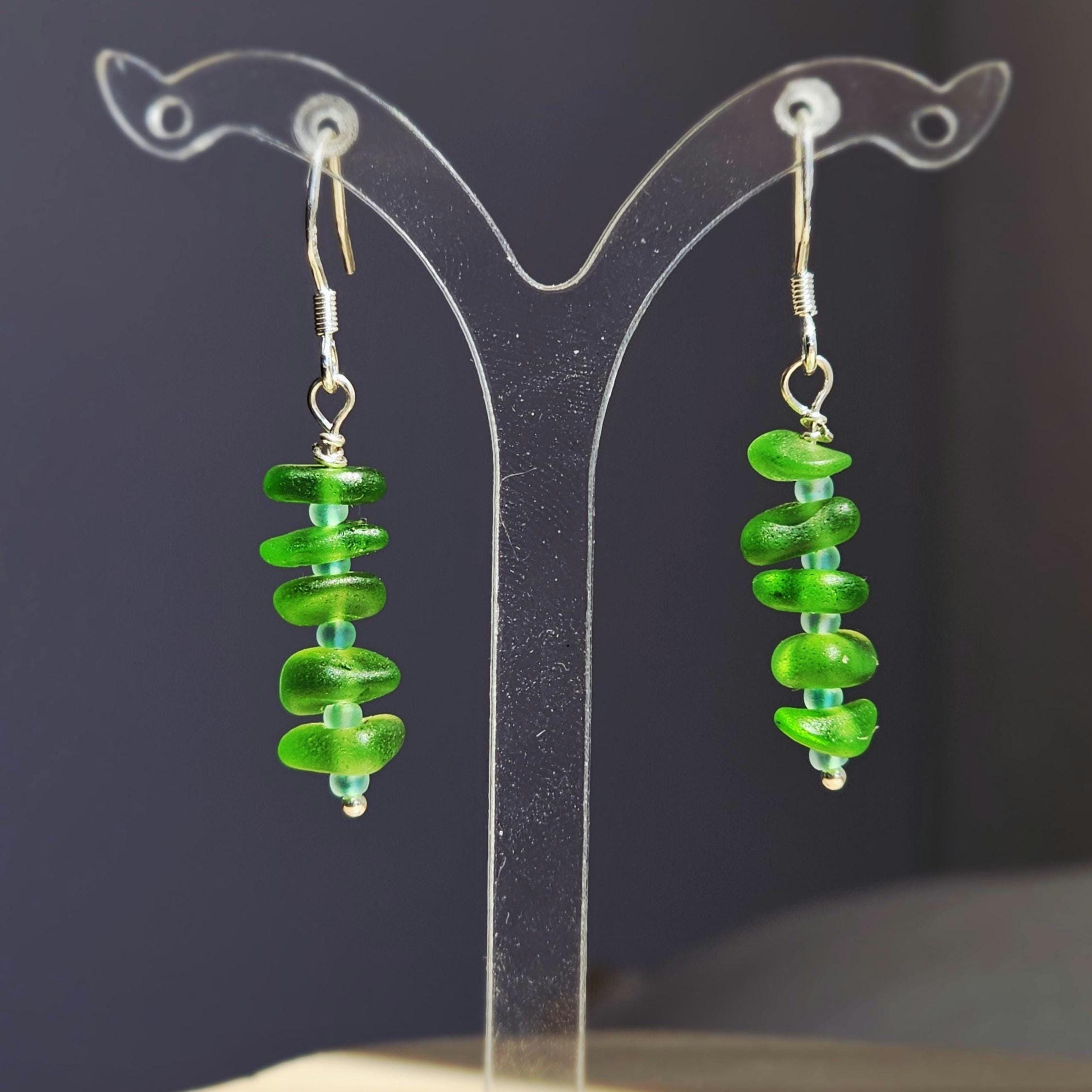 Sterling Silver Vibrant Green Sea Glass Earrings