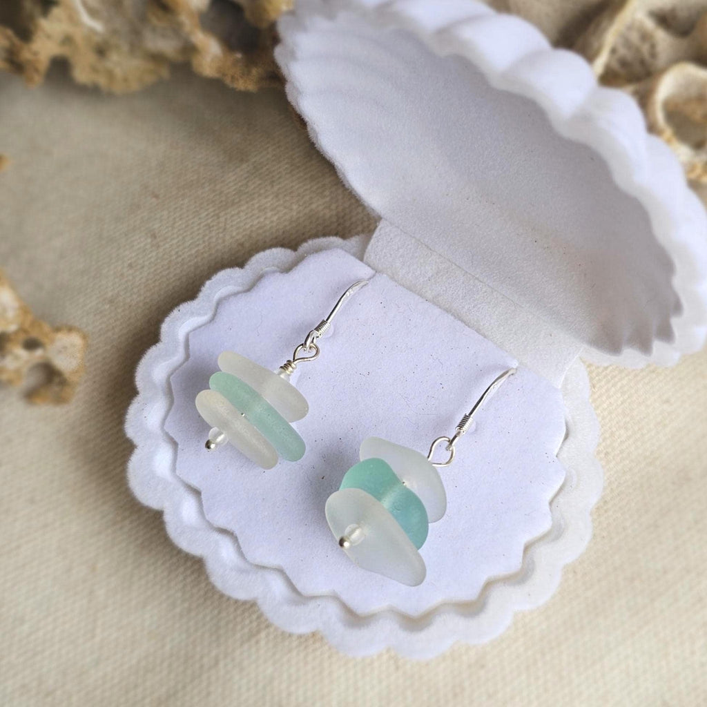 Sterling Silver Aqua Seafoam & Clear Sea Glass Earrings