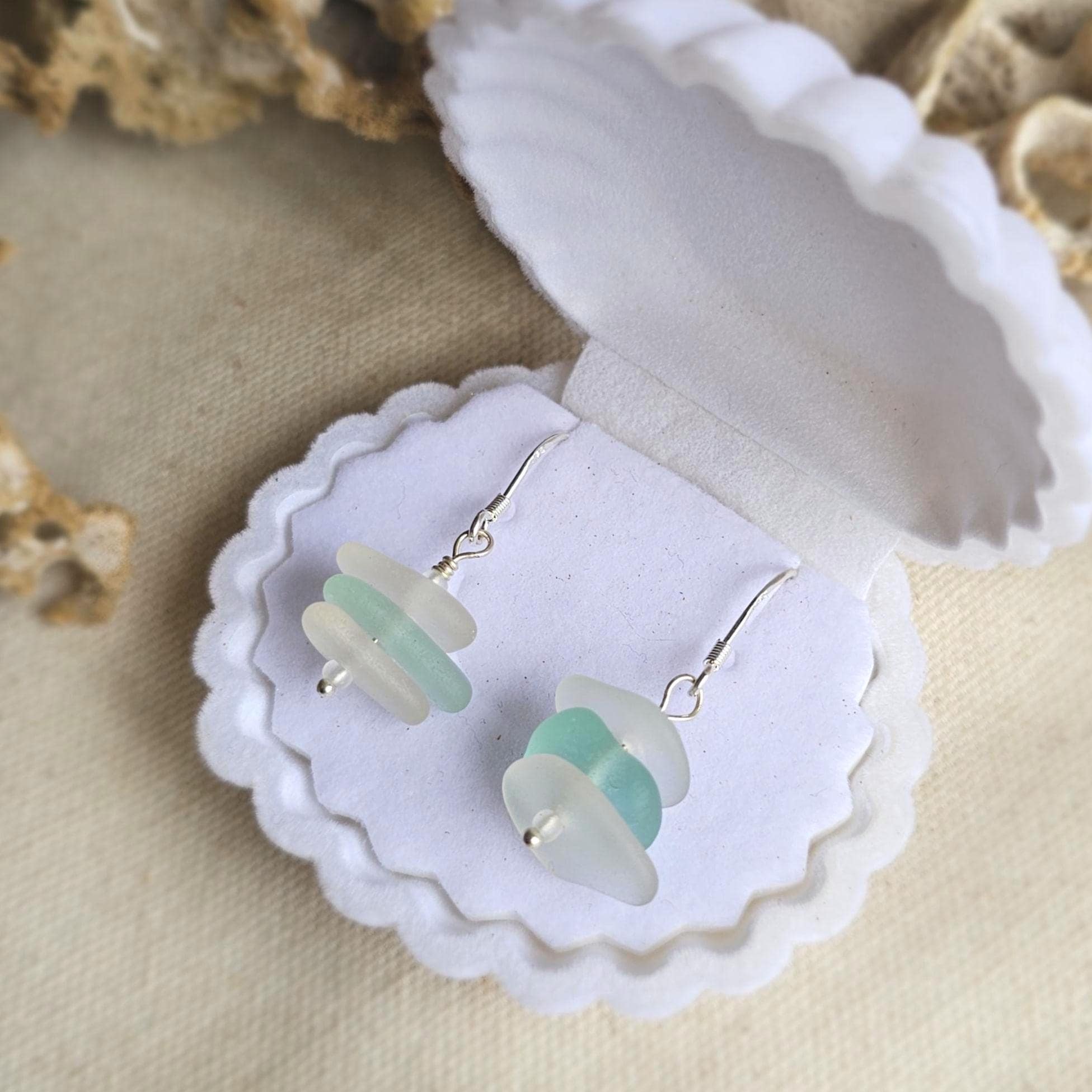 Sterling Silver Aqua Seafoam & Clear Sea Glass Earrings