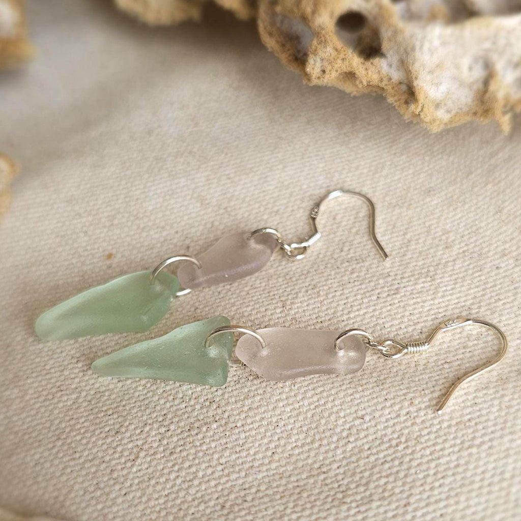 Sterling Silver Pale Pink & Seafoam Aqua Sea Glass Earrings